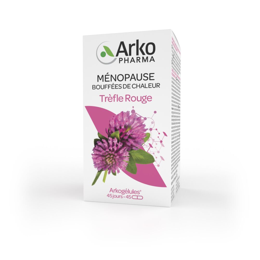 Boîte blanche avec nom du produit, illustration de trèfles. 45 gélules. Logo Arko.