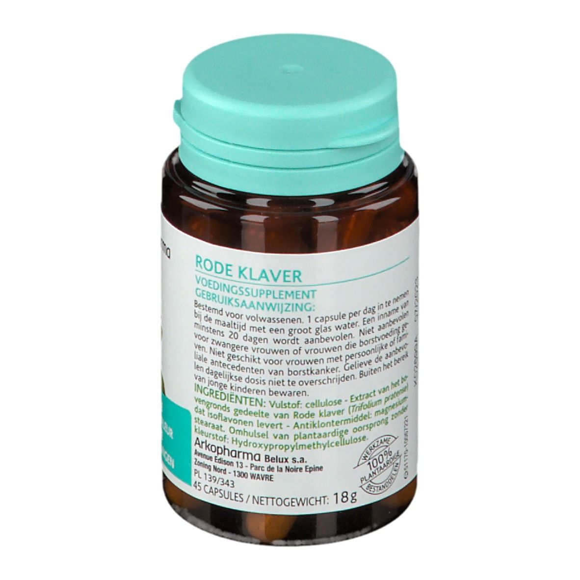 Flacon marron, bouchon turquoise. Étiquette avec informations produit. 45 gélules. 100% végétal.