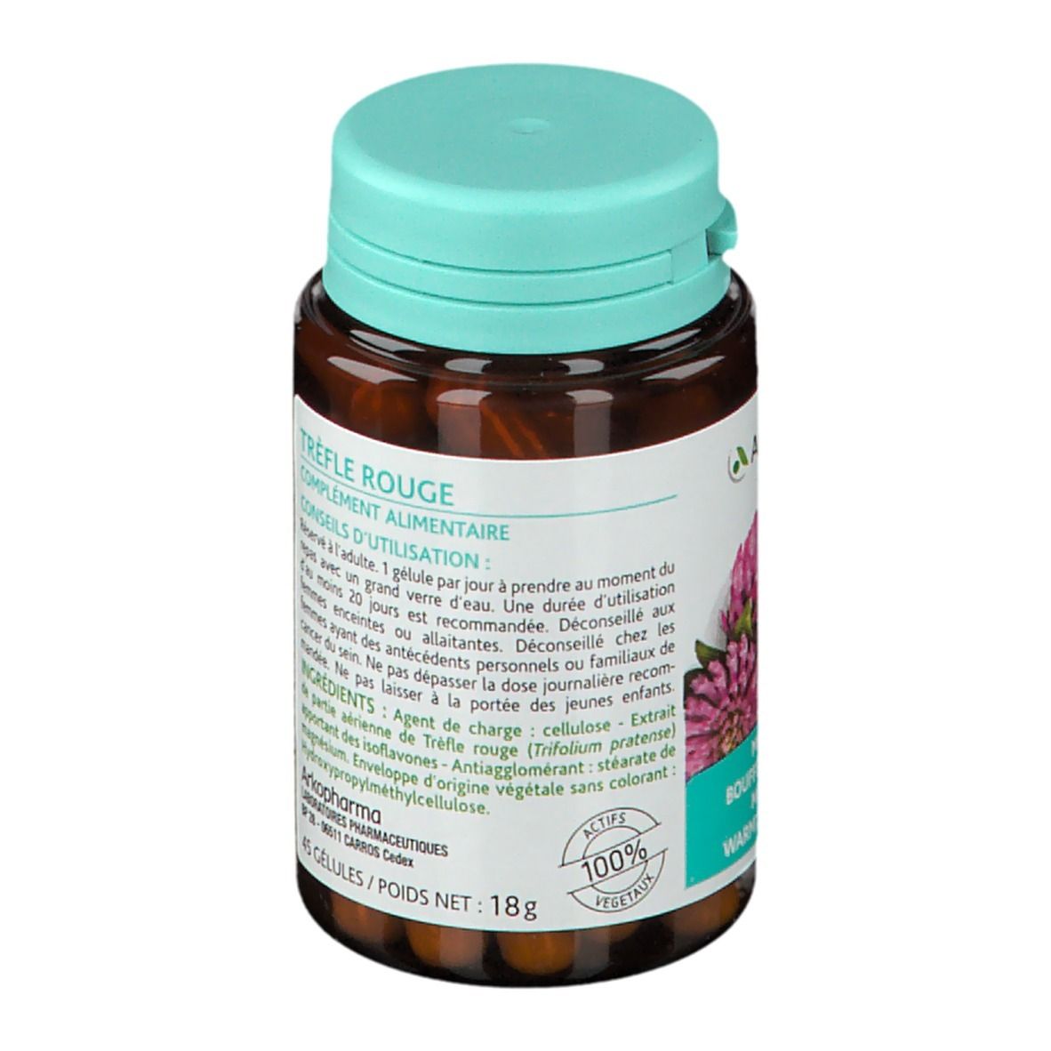 Flacon marron, bouchon turquoise. Étiquette avec informations produit. 45 gélules. 100% végétal.