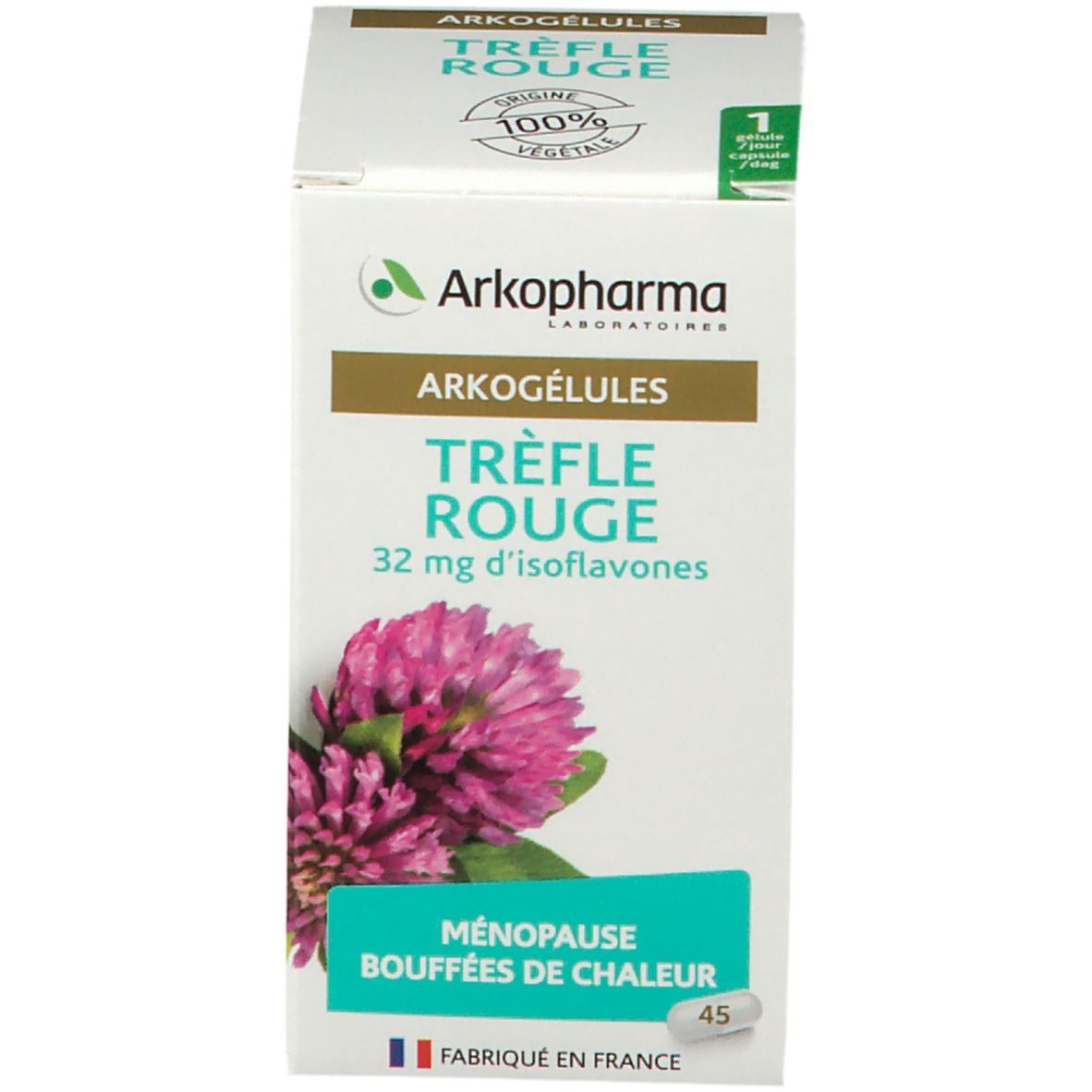 Boîte blanche avec nom du produit, illustration de trèfles et 45 gélules. Fabriqué en France.