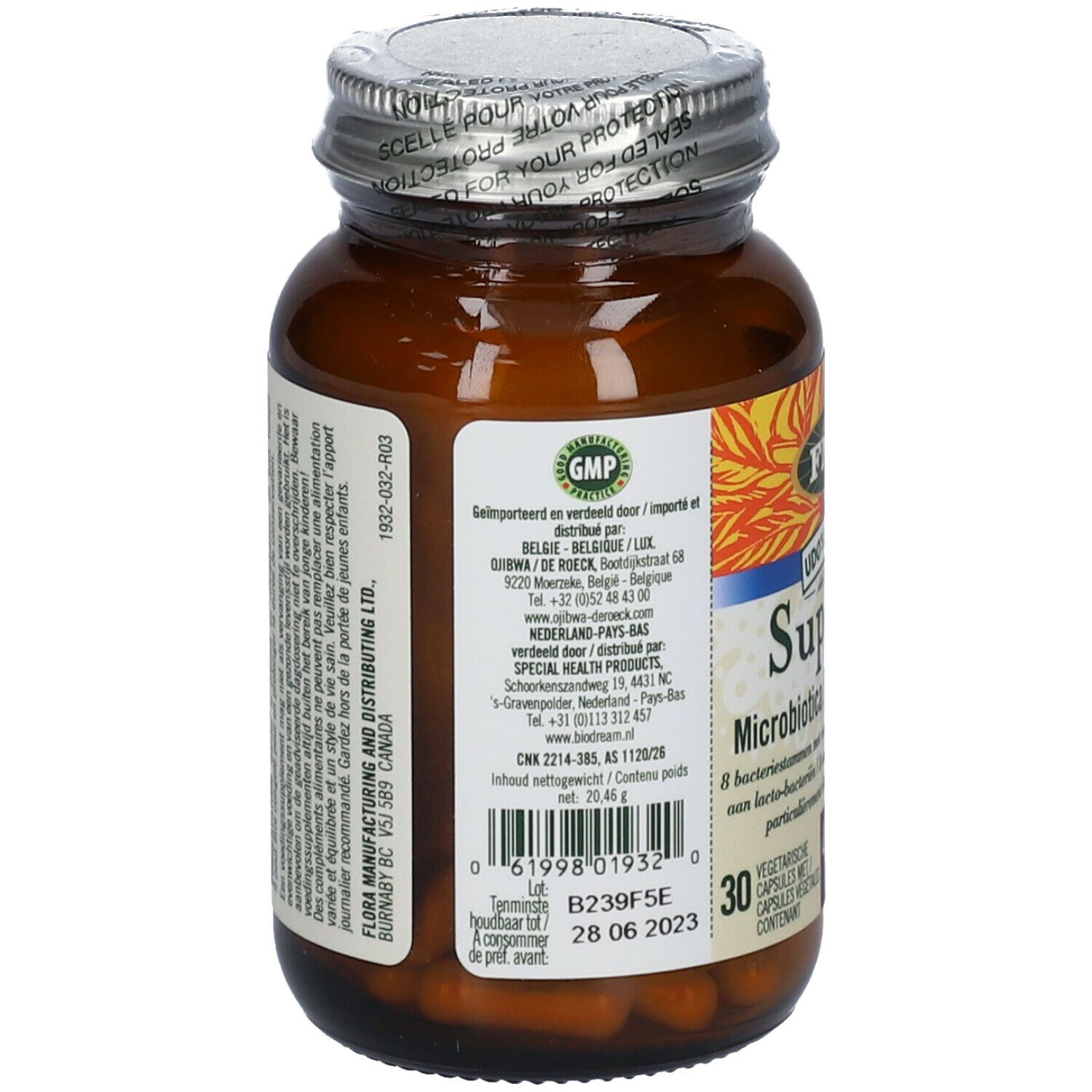 Flacon en verre brun avec bouchon à vis. Étiquette avec informations sur le produit et sceau GMP. Contient 30 gélules.