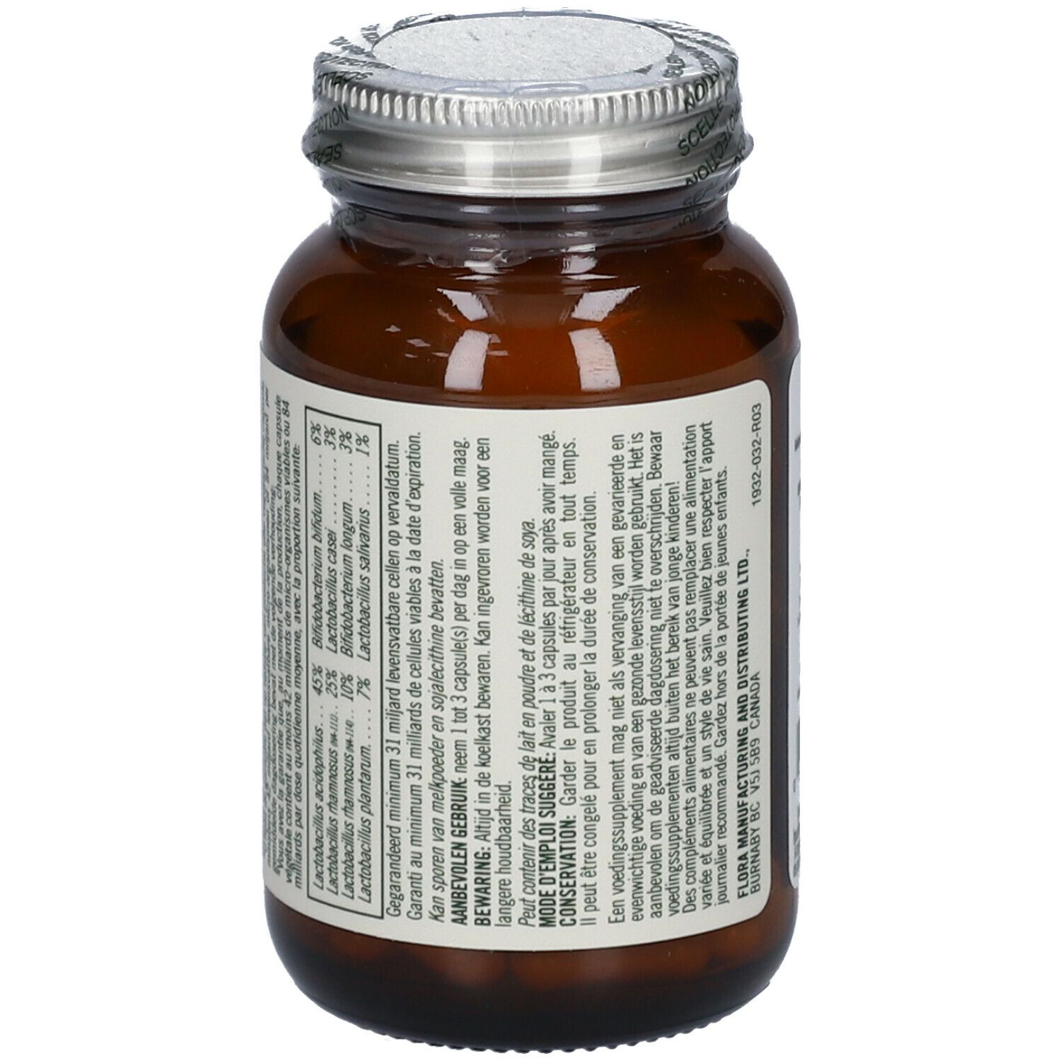 Dos d'un flacon en verre brun avec informations sur le produit. Contient des informations sur les ingrédients et l'utilisation.