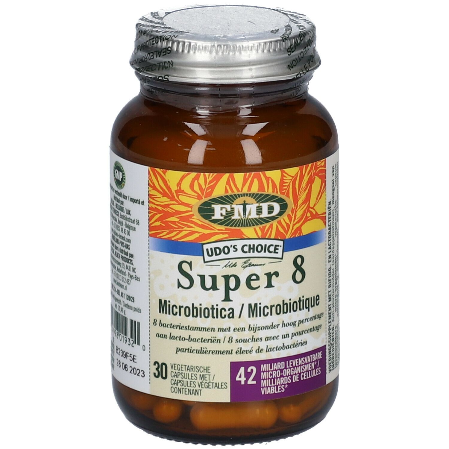 Flacon en verre brun avec étiquette du produit. Udo's Choice Super 8 Microbiotica. Contient 30 gélules végétales.
