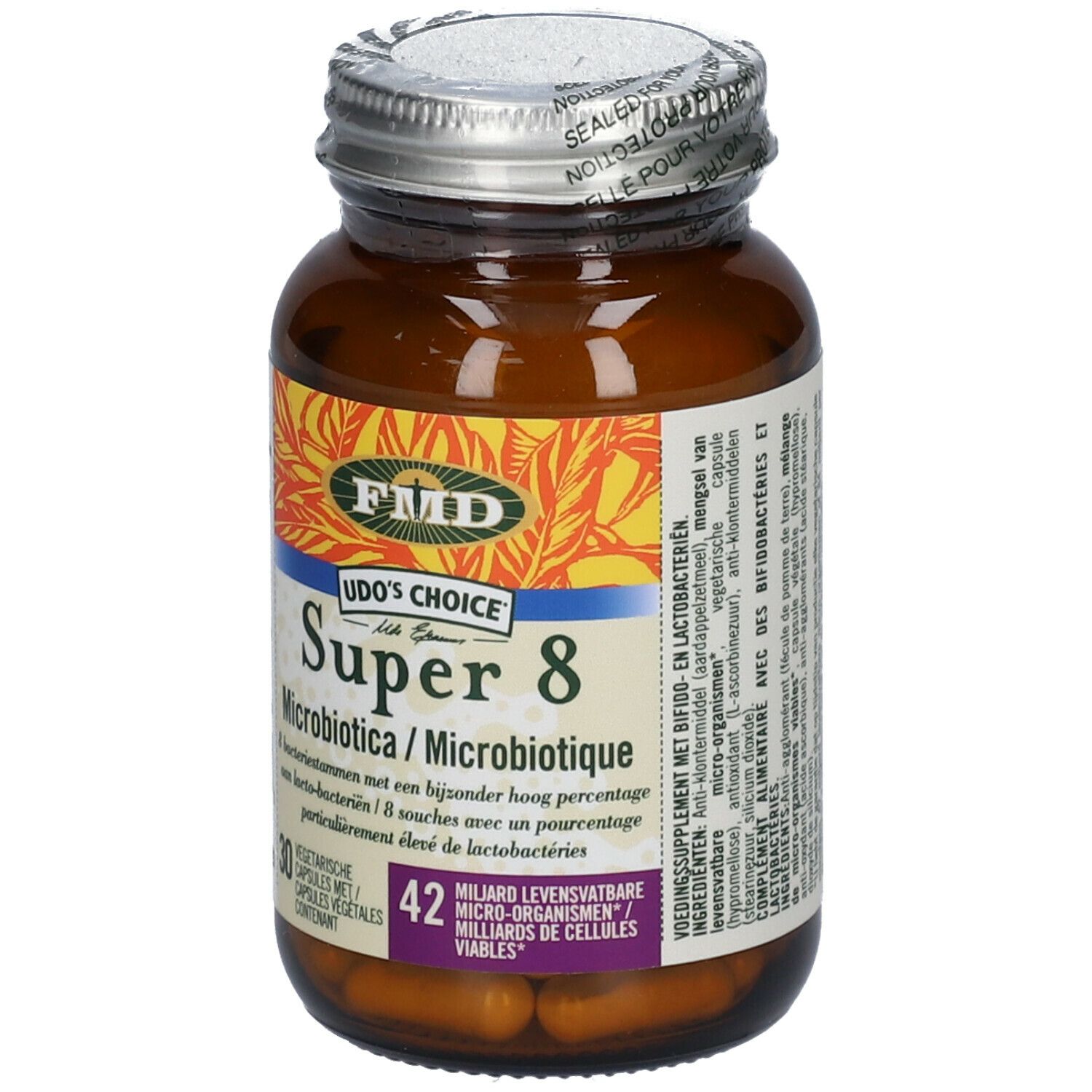 Flacon en verre brun avec étiquette du produit. Udo's Choice Super 8 Microbiotica. 42 milliards de micro-organismes vivants.