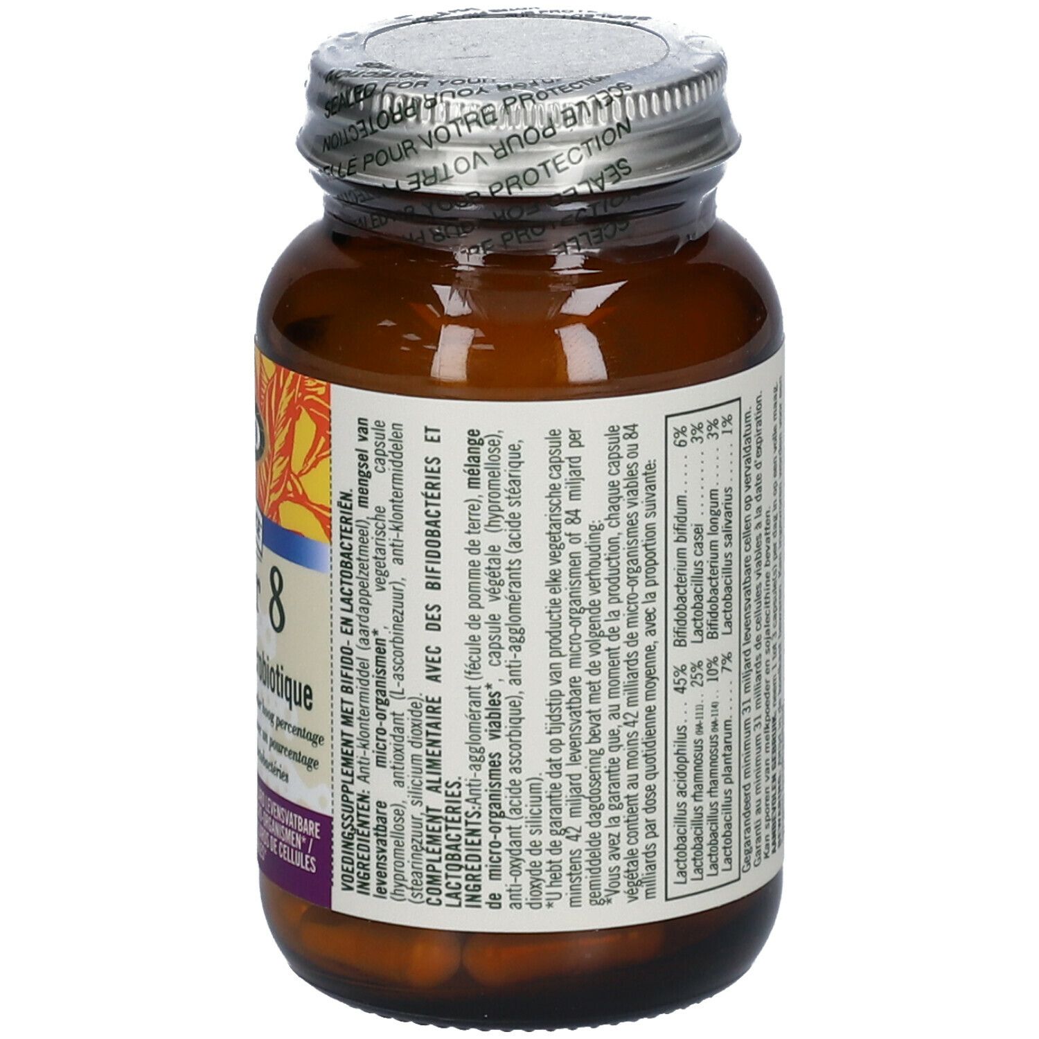 Flacon en verre brun avec étiquette du produit. Udo's Choice Super 8 Microbiotica. Contient des bifidobactéries et des micro-organismes vivants.