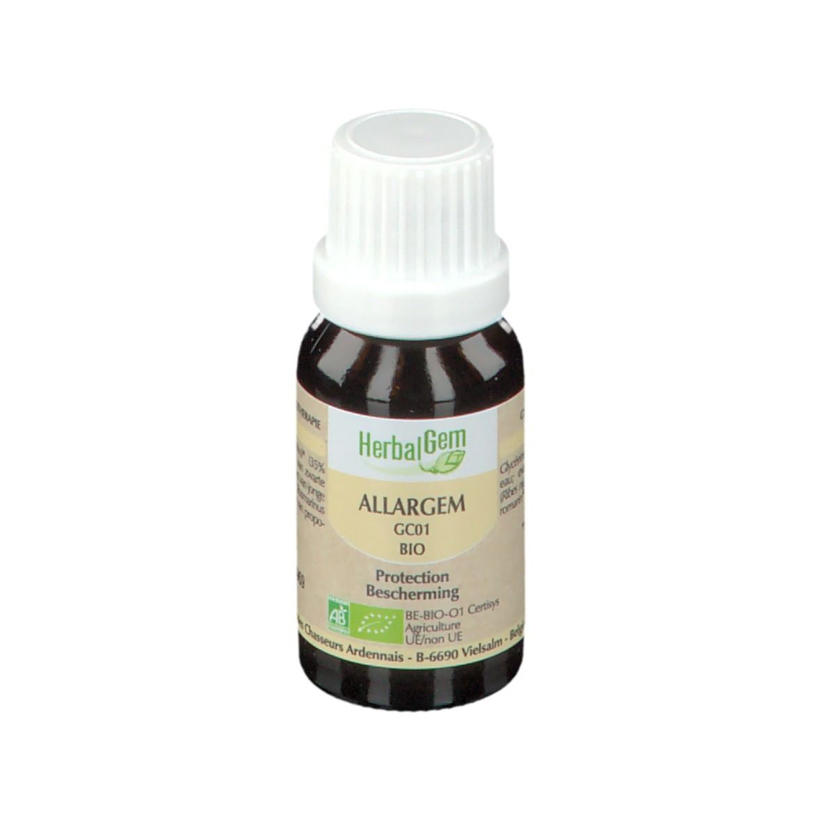 Bruine glazen fles met witte dop. Etiket met productnaam en BIO-keurmerk.