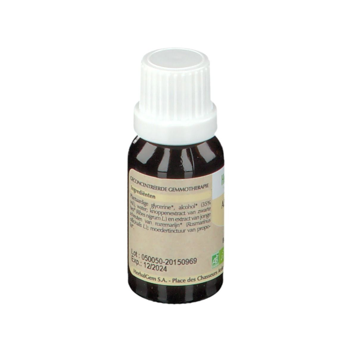 Bruine glazen fles met witte dop. Achterkant met ingrediënten, lotnummer en vervaldatum.