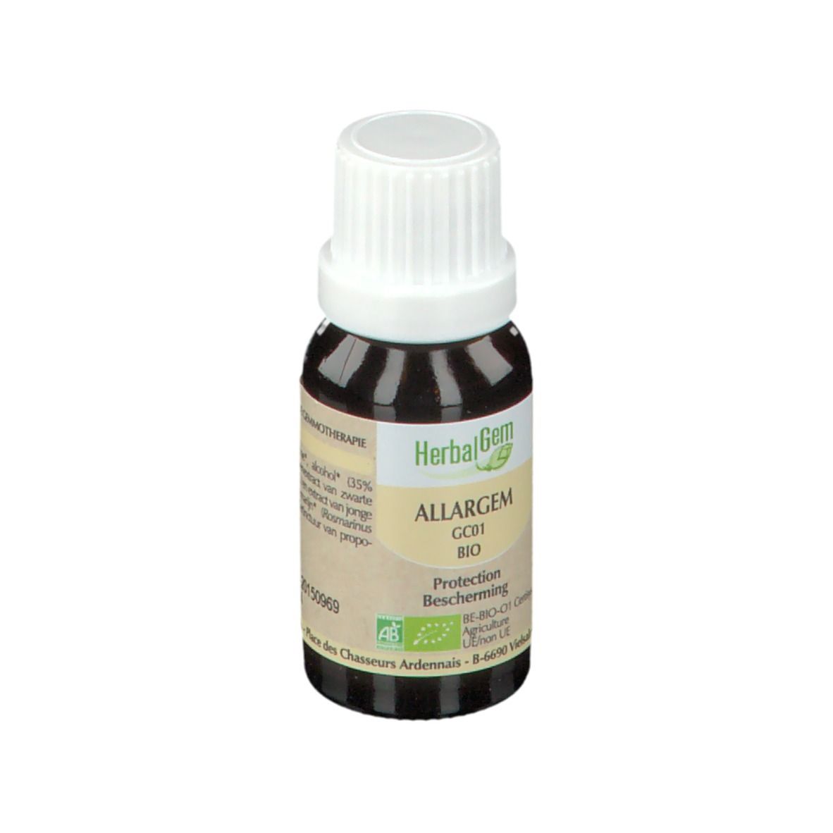 Bruine glazen fles met witte dop. Etiket met productnaam en BIO-keurmerk.