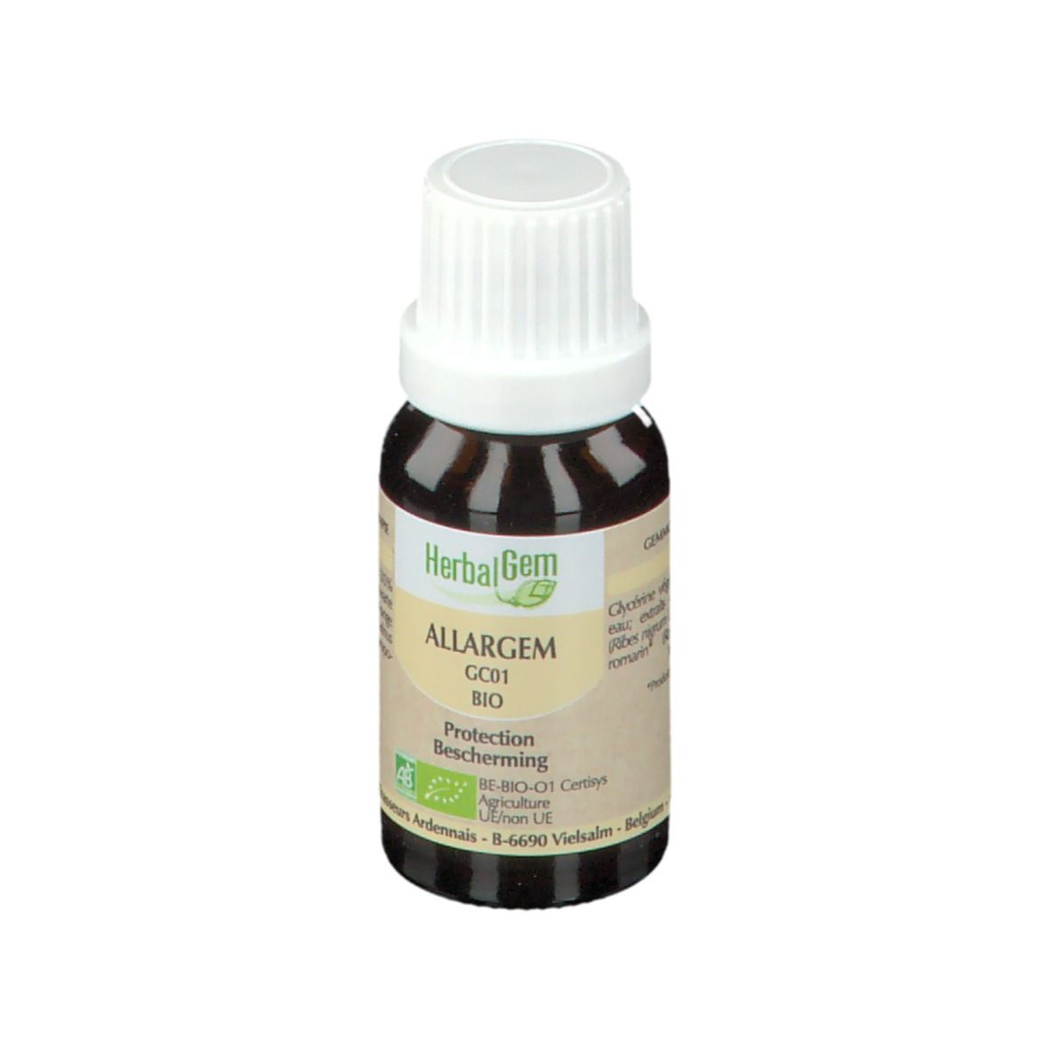 Bruine glazen fles met witte dop. Etiket met productnaam en BIO-keurmerk.