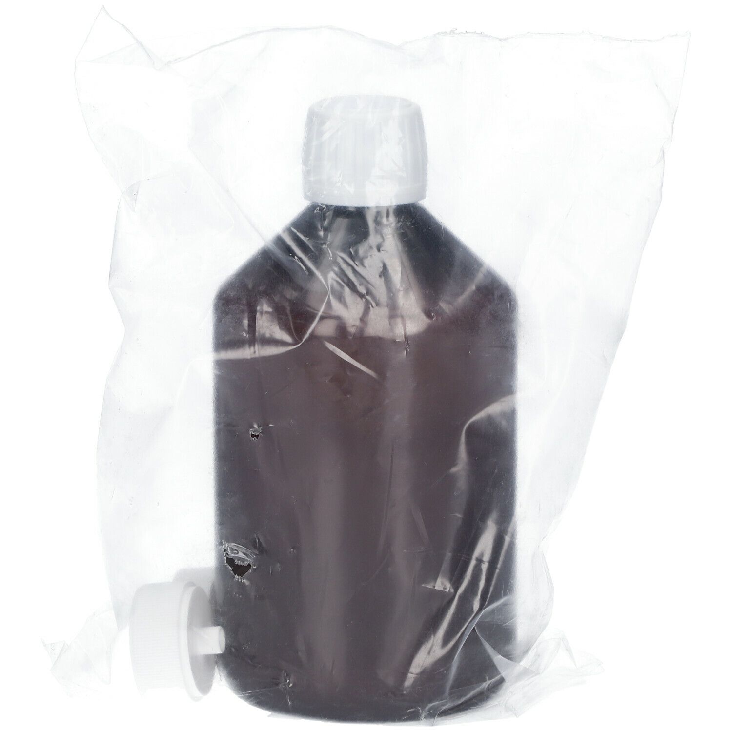 Bruine fles met witte dop in transparante folie. Fles en dop. Product in verpakking.