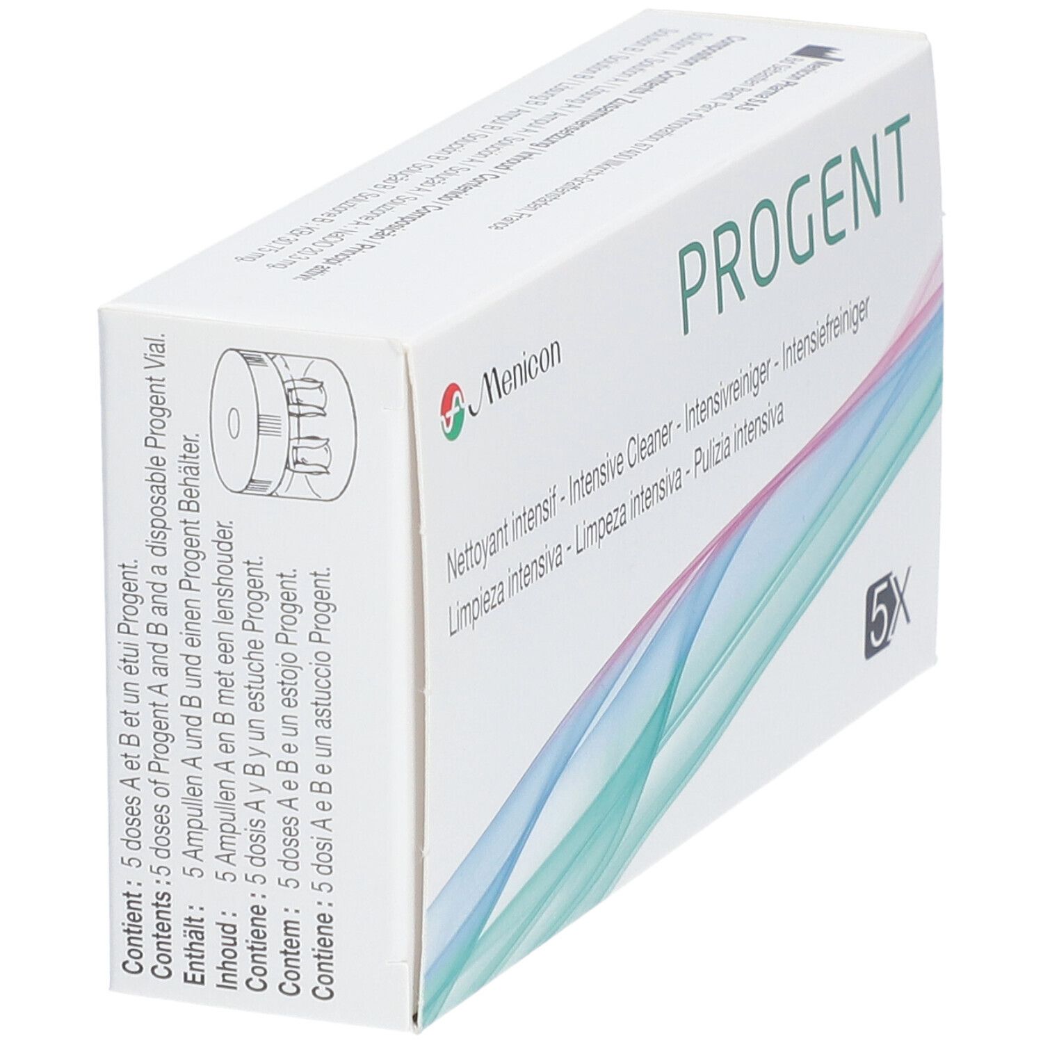 Schachtel mit PROGENT und Menicon-Logo. Enthält 5 Einheiten. Abbildung eines Behälters. Mehrsprachige Produktbezeichnungen.