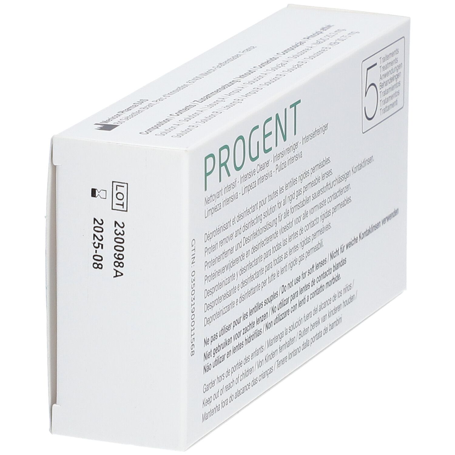 PROGENT-Schachtel mit Menicon-Logo. Enthält 5 Behandlungen. Mehrsprachige Produktinformationen und Warnhinweise.