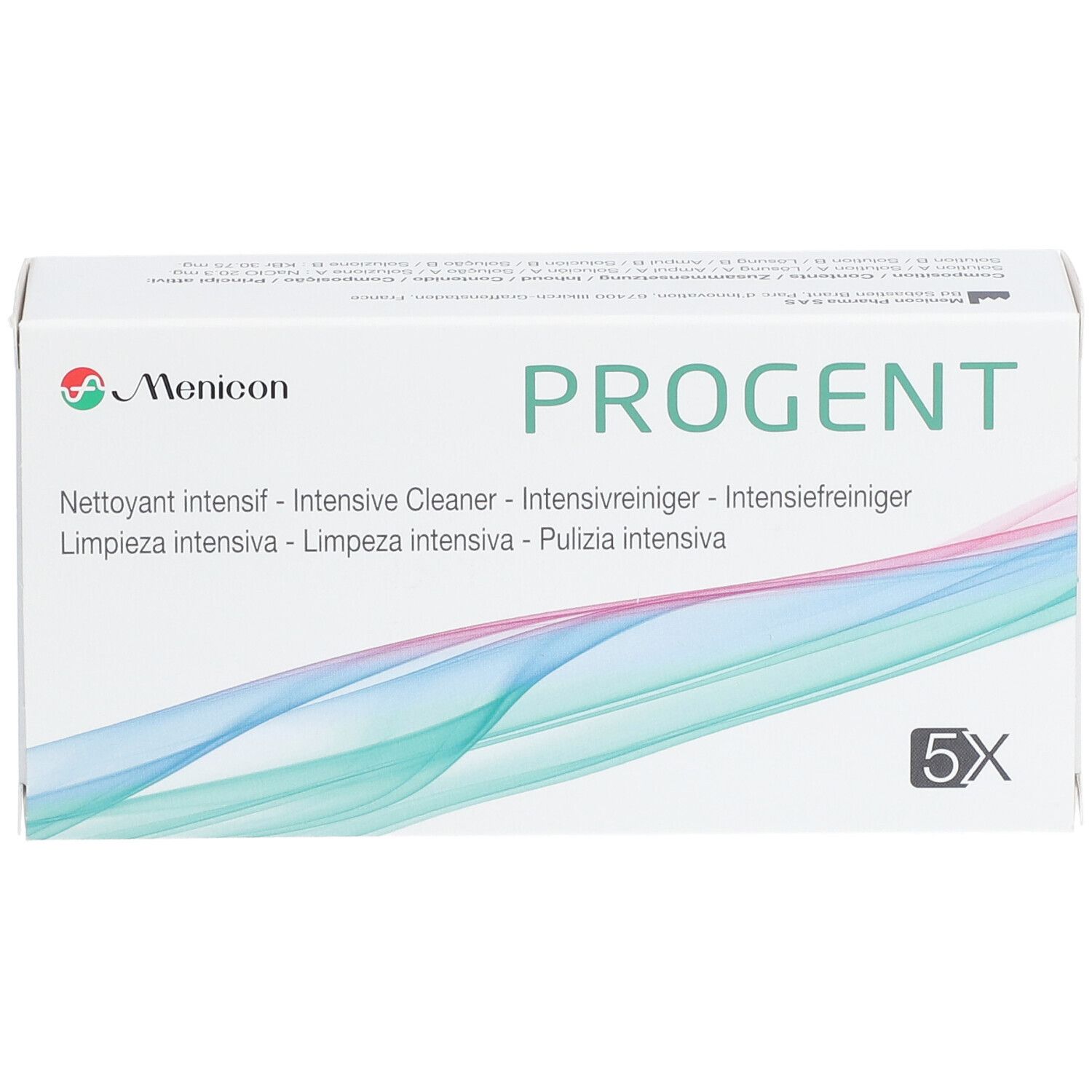 Weiße Schachtel mit Aufschrift PROGENT und Menicon-Logo. Enthält 5 Einheiten. Mehrsprachige Produktbezeichnungen.