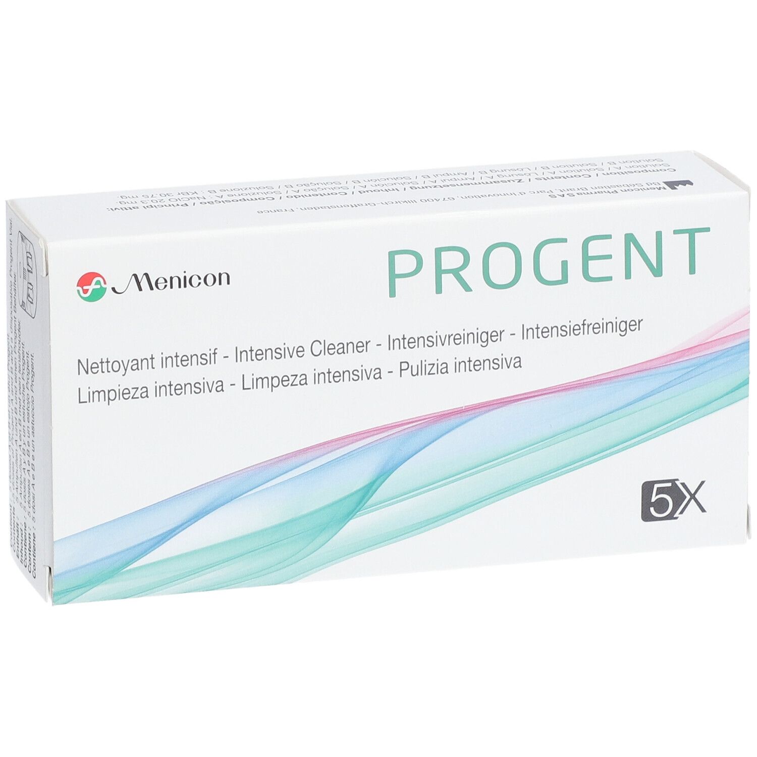 Weiße Schachtel mit Aufschrift PROGENT und Menicon-Logo. Enthält 5 Einheiten. Mehrsprachige Produktbezeichnungen.