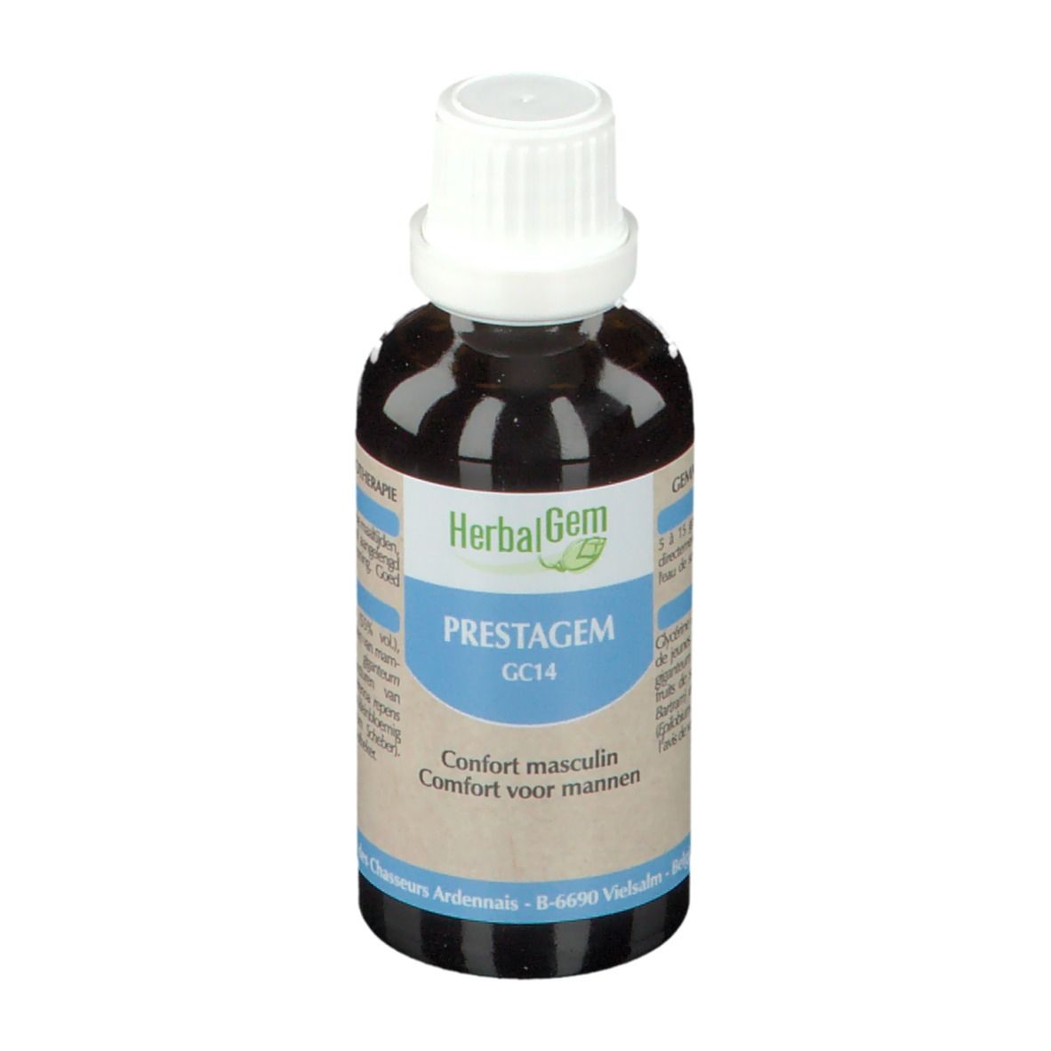 Bruine vloeistof in fles met witte dop. Opschrift: HerbaGem PRESTAGEM GC14. Comfort voor mannen.
