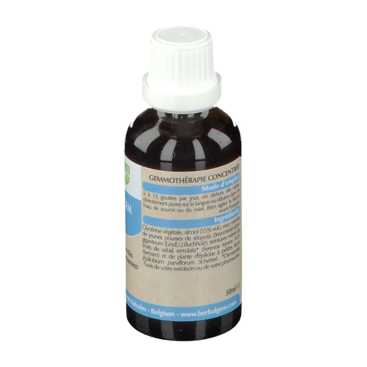 Fles met bruine vloeistof en witte dop. Opschrift: Gemmotherapie concentrée. Gebruiksaanwijzing en ingrediënten.