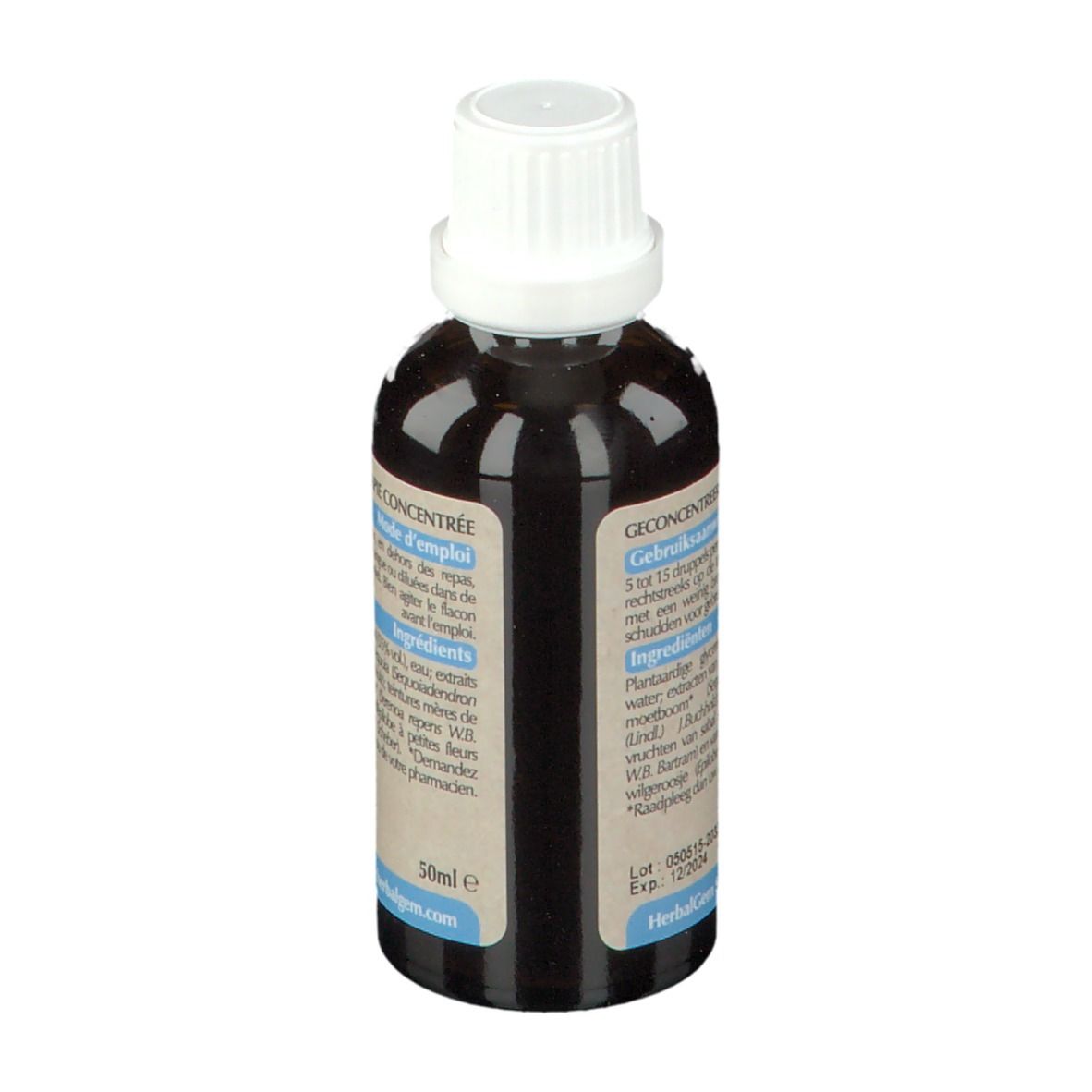 Fles met bruine vloeistof en witte dop. Opschrift: Gemmotherapie concentrée. Gebruiksaanwijzing en ingrediënten.