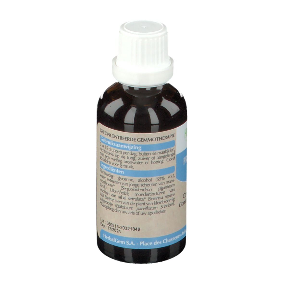 Fles met bruine vloeistof en witte dop. Opschrift: Gemmotherapie concentrée. Gebruiksaanwijzing en ingrediënten.
