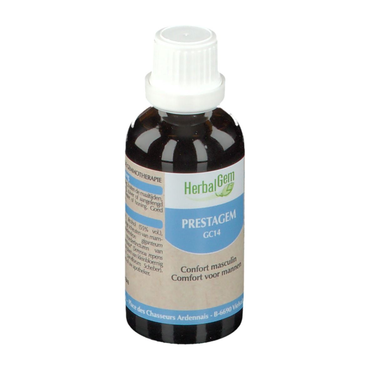 Fles met bruine vloeistof en witte dop. Opschrift: HerbaGem PRESTAGEM GC14. Comfort voor mannen.