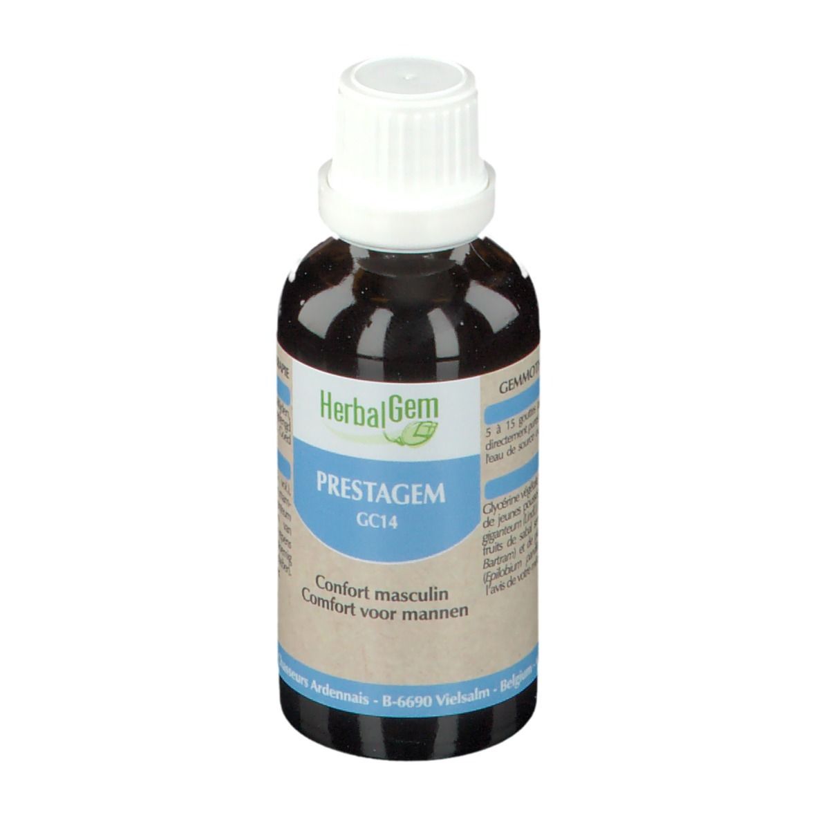 Fles met bruine vloeistof en witte dop. Opschrift: HerbaGem PRESTAGEM GC14. Comfort voor mannen.