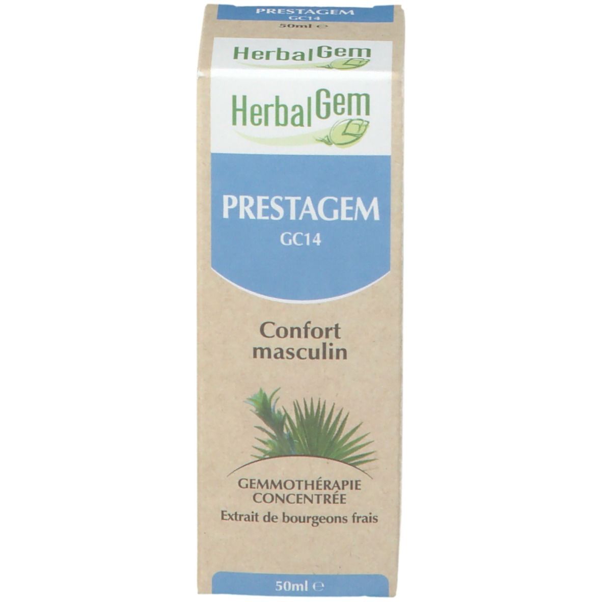 Productverpakking. Opschrift: HerbaGem PRESTAGEM GC14. Comfort voor mannen. Gemmotherapie concentrée. 50ml.