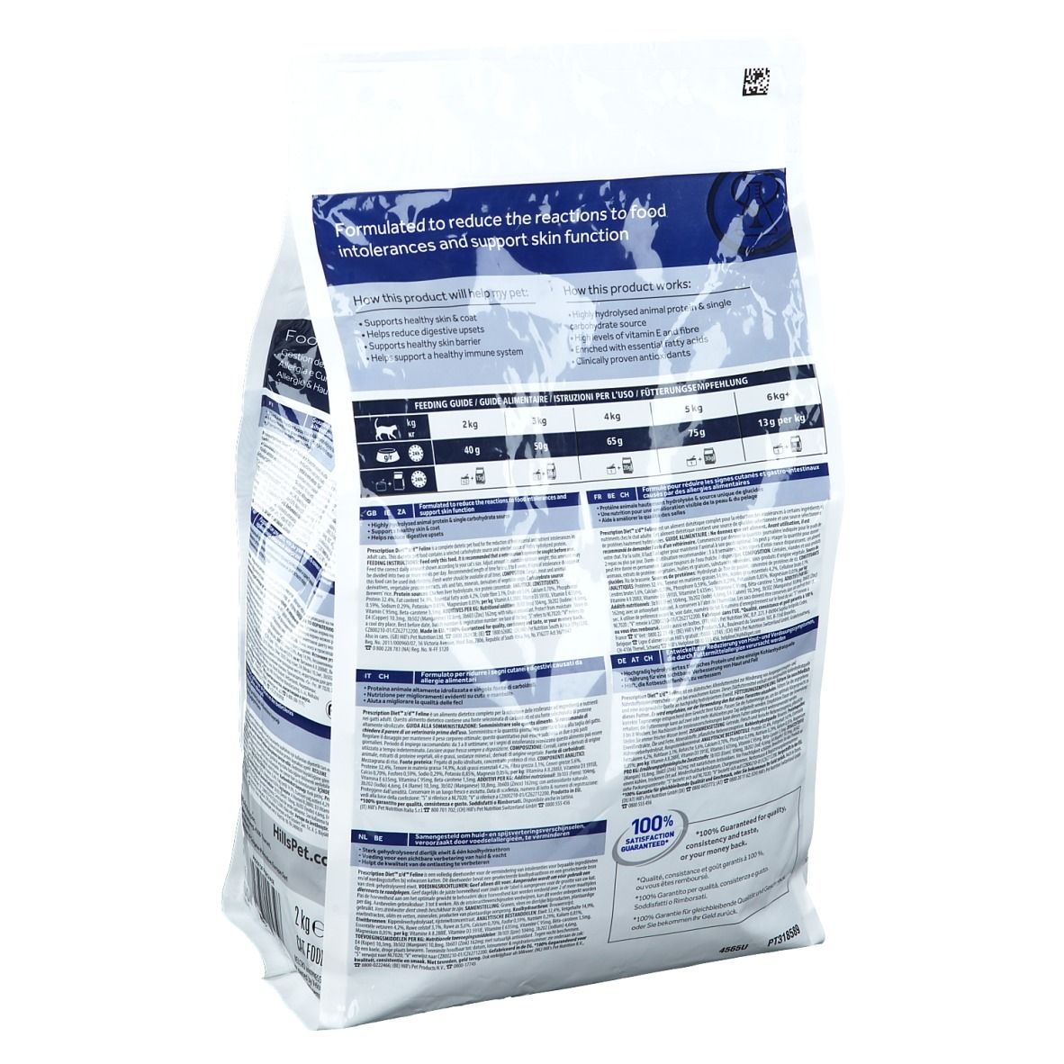 Retro del sacchetto di cibo per gatti. Testo: Formulato per ridurre le intolleranze alimentari. Marchio: Hills. Garanzia di soddisfazione al 100%.