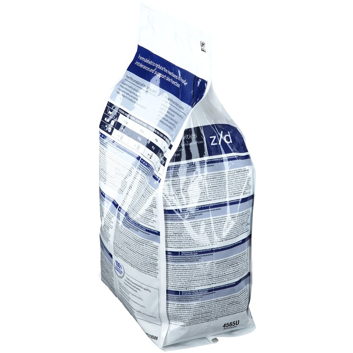 Sacchetto di cibo per gatti. Scritta: z/d Food Sensitivities. Marchio: Hills Prescription Diet. 2 kg. Garanzia di soddisfazione al 100%.
