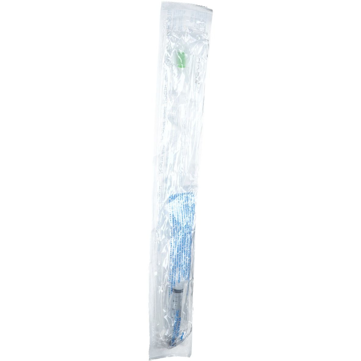 Medisch hulpmiddel in transparante verpakking. Bevat een ballonkatheter en een spuit. Zichtbare blauwe tekst.
