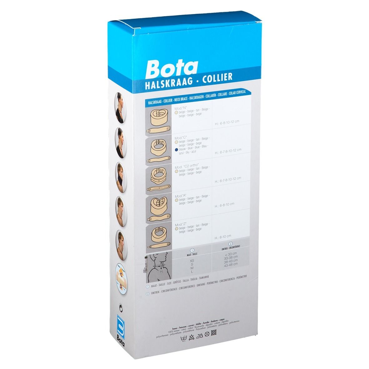 Dos de l'emballage BOTA Halskraag. Informations sur le produit, tailles et exemples d'utilisation.