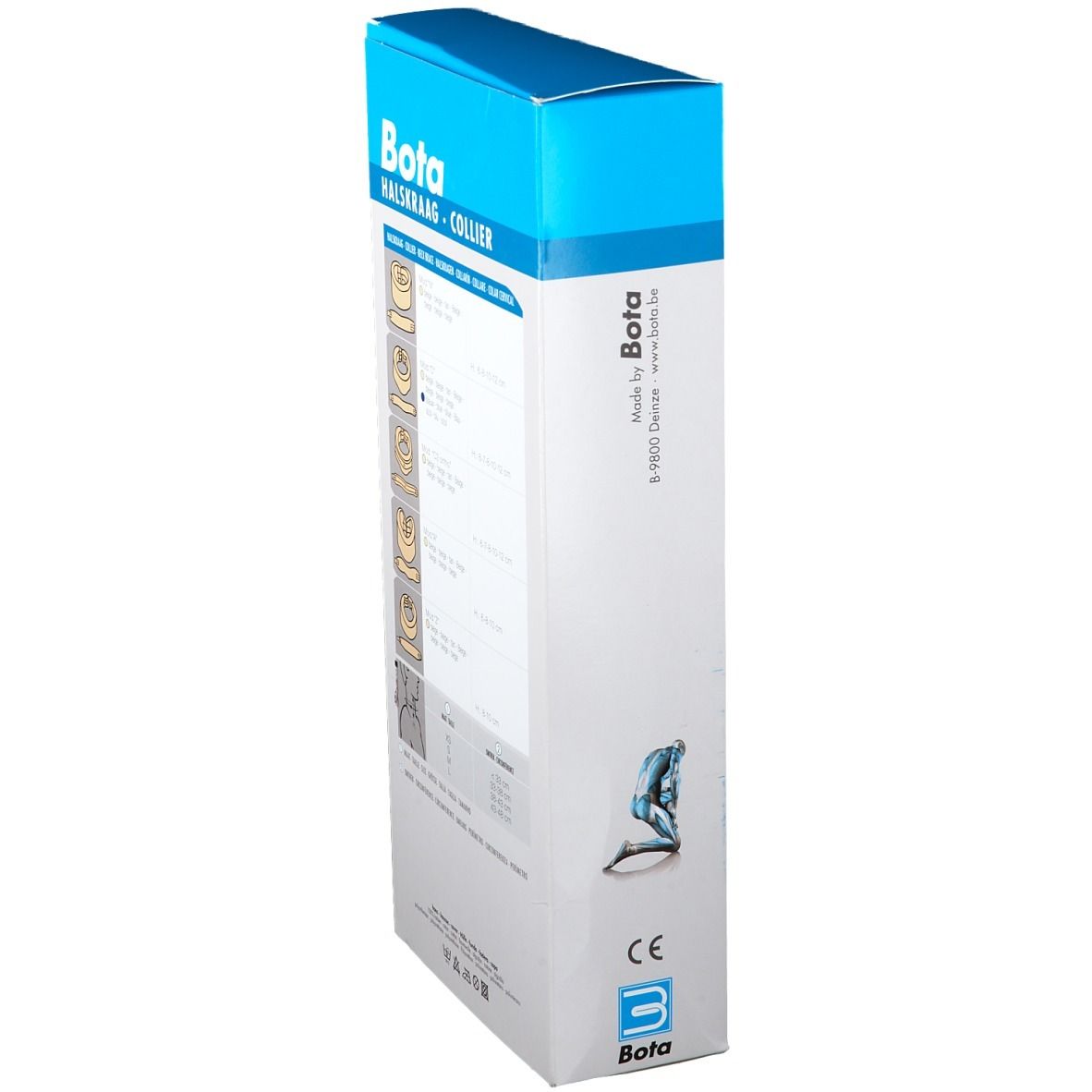 Emballage de BOTA Halskraag. Boîte bleue et blanche avec nom du produit et informations du fabricant. Marque CE.