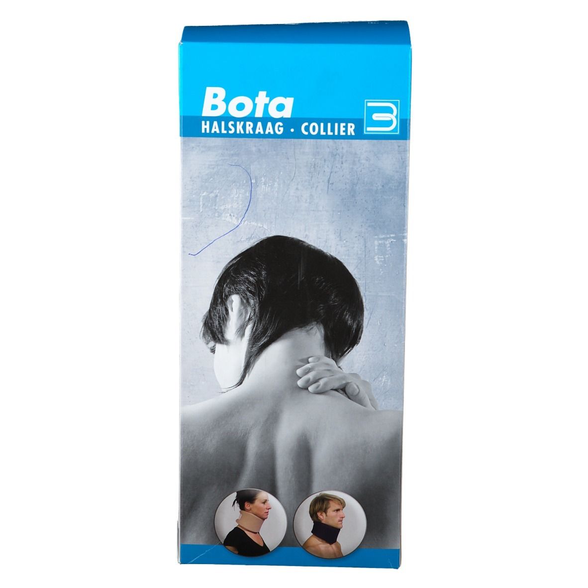 Emballage de BOTA Halskraag. Boîte bleue et blanche avec image du produit et nom. Marque CE.