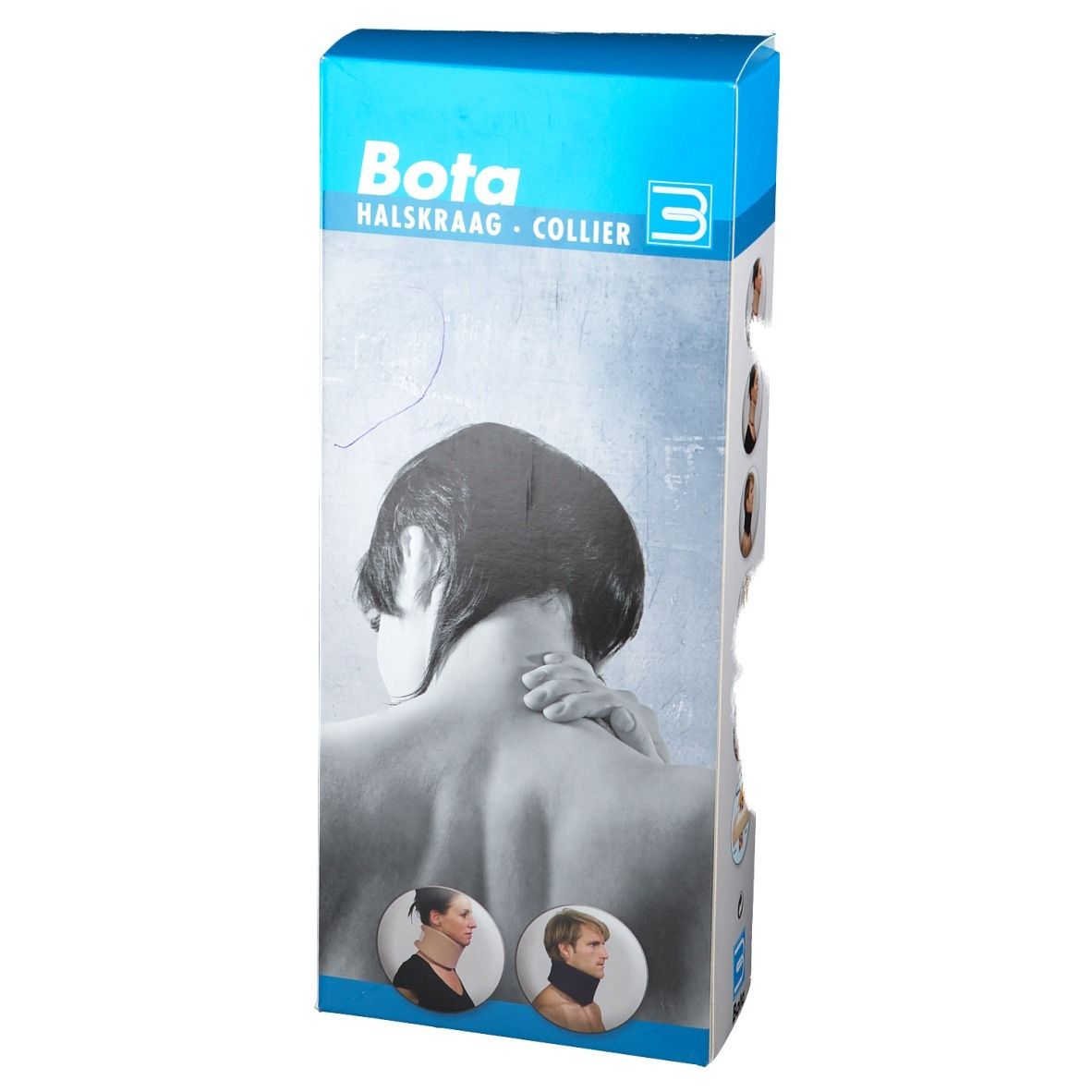 Emballage de BOTA Halskraag. Boîte bleue et blanche avec image du produit et nom. Marque CE.