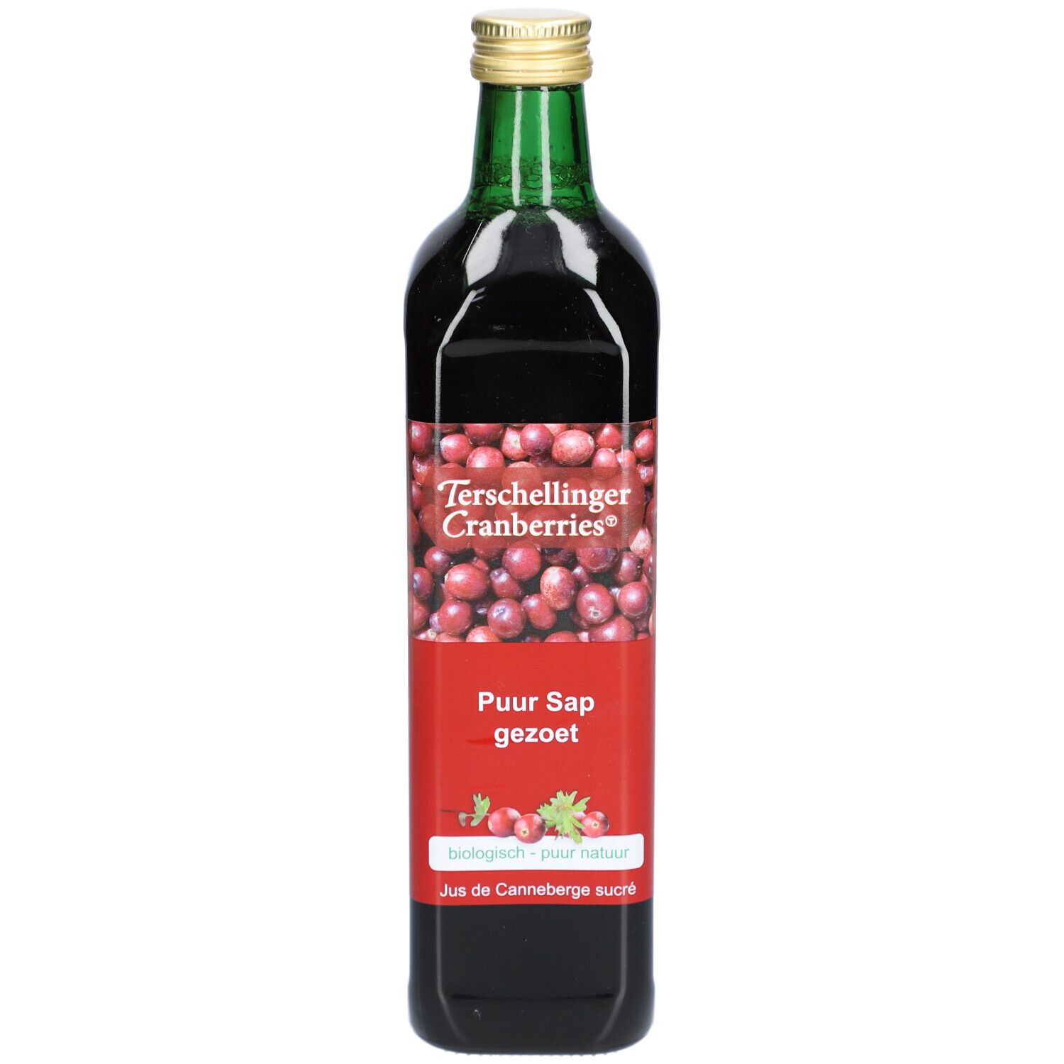 Eine Flasche Cranberrysaft. Rotes Etikett mit Text und Cranberry-Abbildung. Goldener Deckel, grüne Flaschenhals. Text: Terschellinger Cranberries, Puur Sap gezoet.