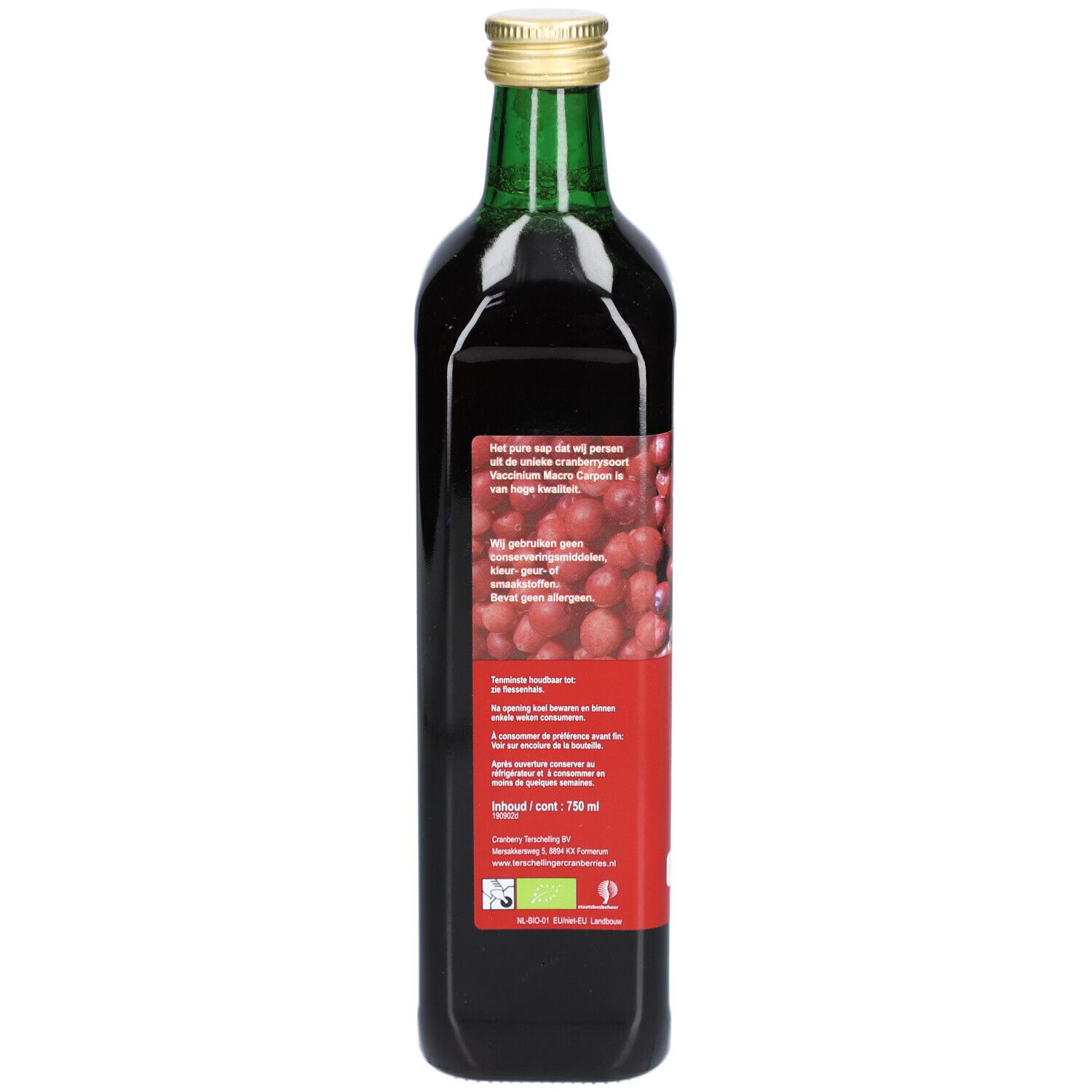 Rückseite einer Cranberrysaftflasche. Rotes Etikett mit Text und Cranberry-Abbildung. Grüne Flaschenhals. Text: Informationen über das Produkt, Zutaten, Nährwerte.
