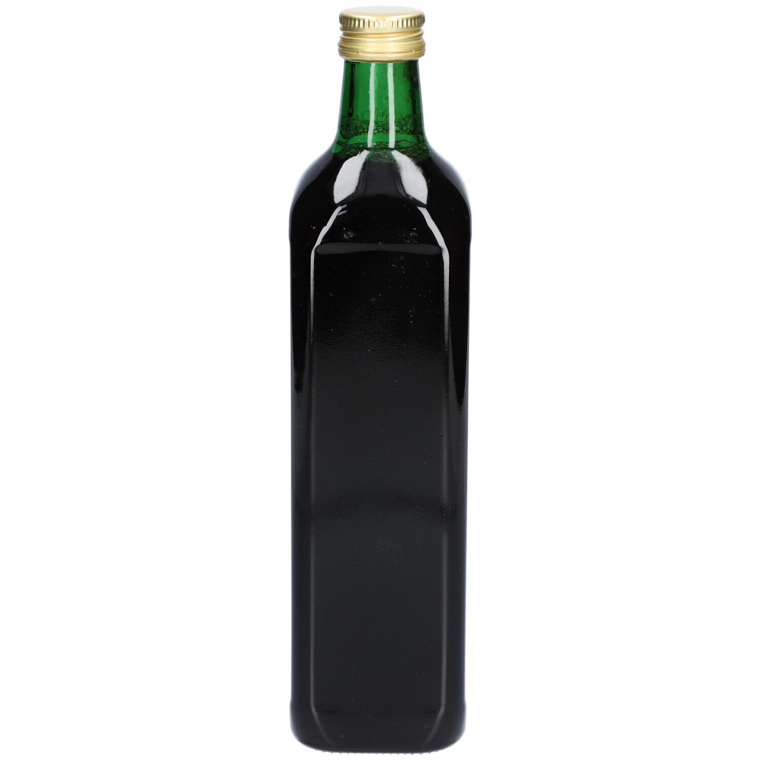 Eine rechteckige Flasche mit grünem Hals und goldenem Deckel. Dunkle Flüssigkeit im Inneren. Keine Etiketten oder Text sichtbar.