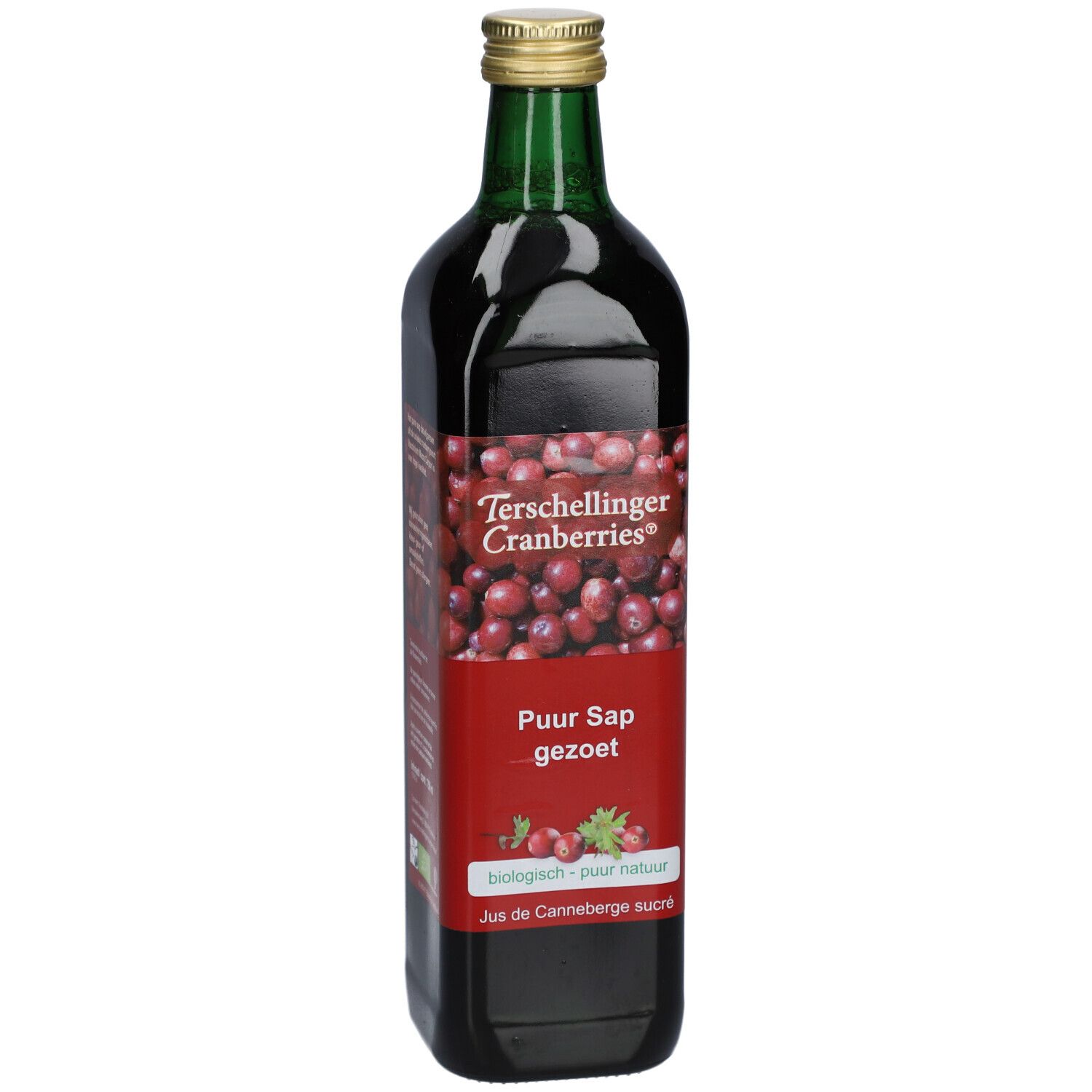 Eine Flasche Cranberrysaft. Rotes Etikett mit Text und Cranberry-Abbildung. Goldener Deckel, grüner Flaschenhals. Text: Terschellinger Cranberries, Puur Sap gezoet.