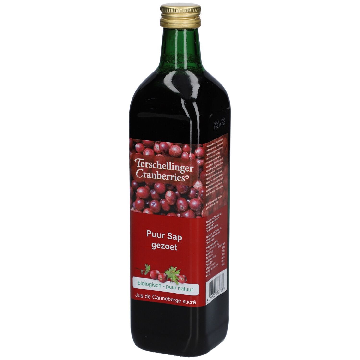 Eine Flasche Cranberrysaft. Rotes Etikett mit Text und Cranberry-Abbildung. Goldener Deckel, grüner Flaschenhals. Text: Terschellinger Cranberries, Puur Sap gezoet.