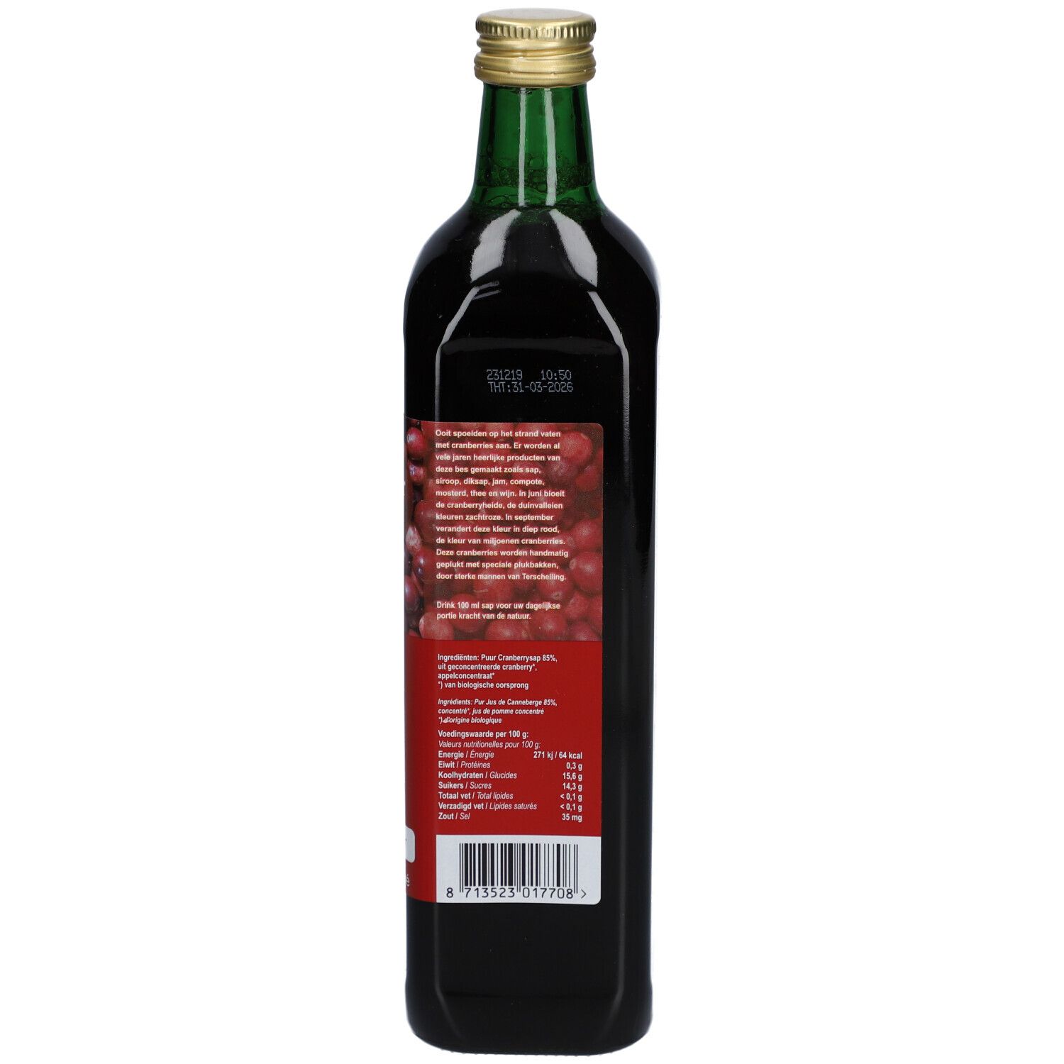 Rückseite einer Cranberrysaftflasche. Rotes Etikett mit Text. Grüne Flaschenhals. Text: Informationen über das Produkt, Zutaten, Nährwerte, Barcode.