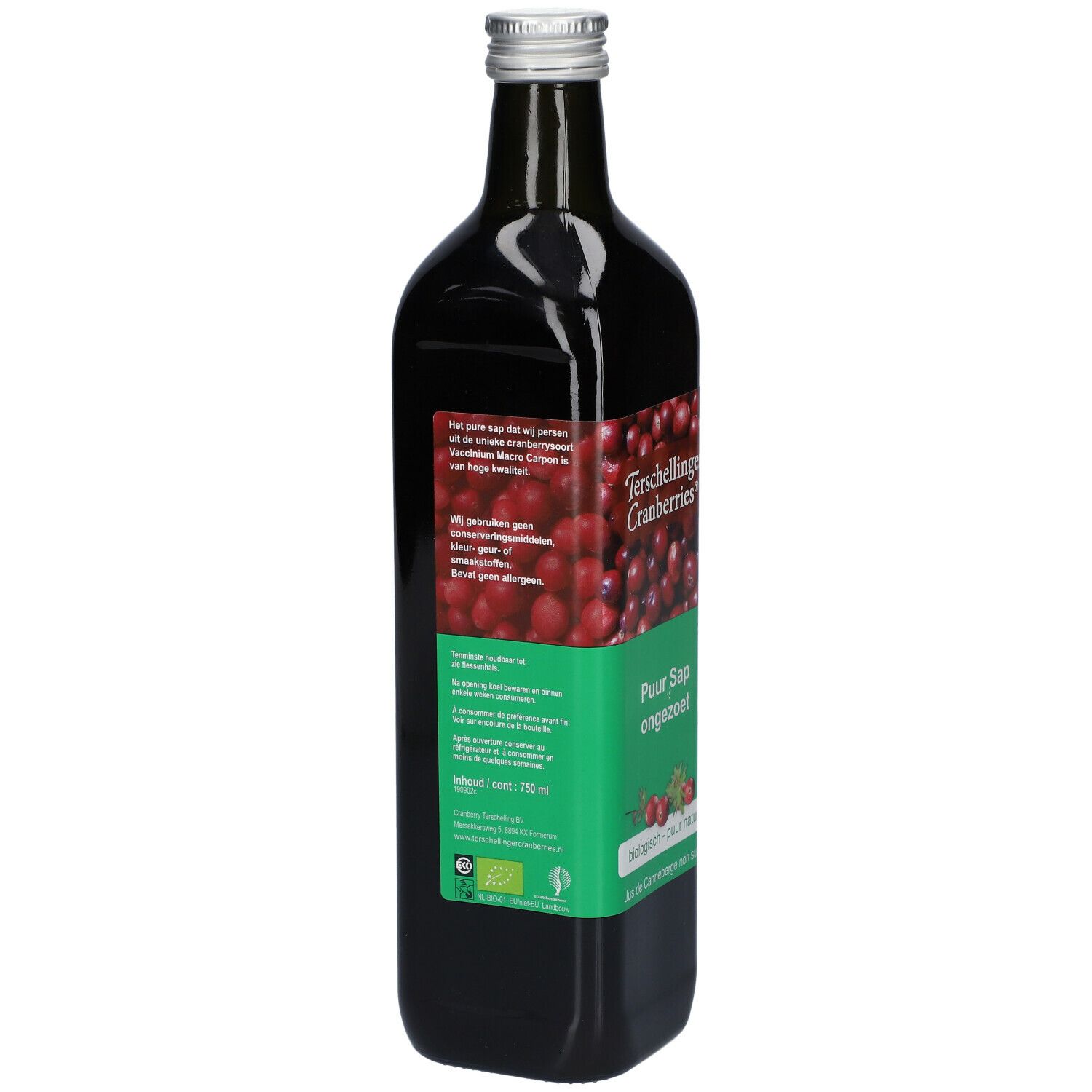 Bouteille de jus de canneberge. Inscription: Terschellinger Cranberries, Pur jus, non sucré. Étiquette avec texte et image de canneberges.