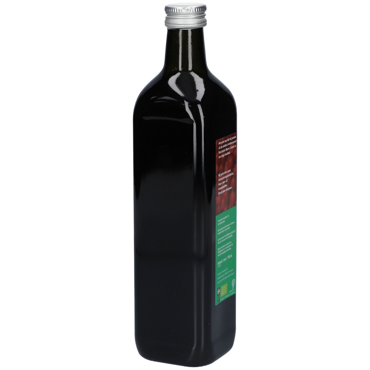 Bouteille de jus de canneberge. Dos avec texte. Étiquette verte avec texte. Liquide foncé visible.