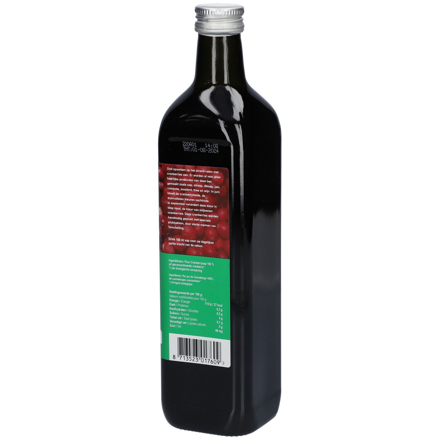 Bouteille de jus de canneberge. Dos avec texte et informations nutritionnelles. Étiquette verte. Liquide foncé visible.