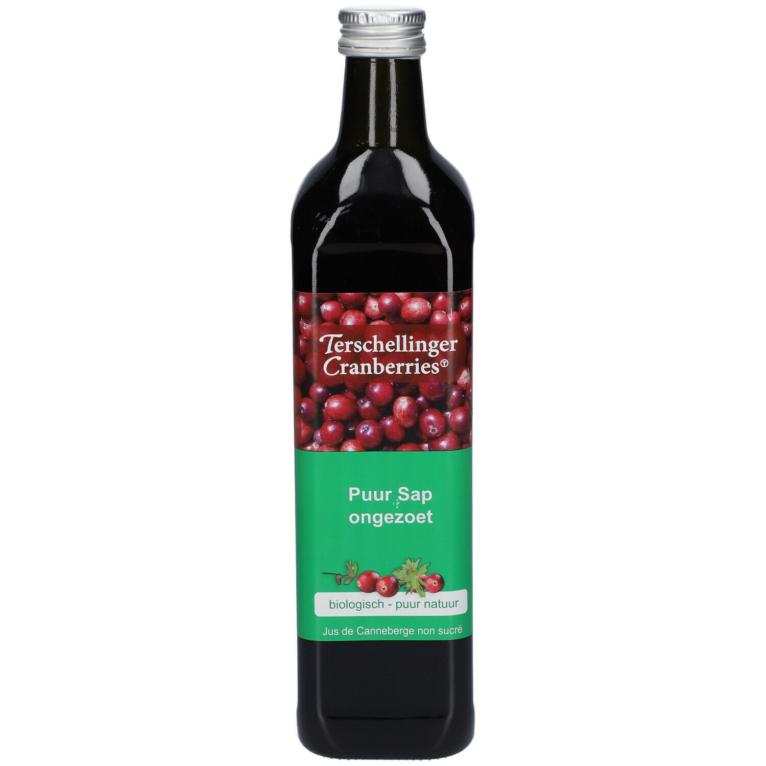 Bouteille de jus de canneberge. Inscription: Terschellinger Cranberries, Pur jus, non sucré. Étiquette verte avec image de canneberges.