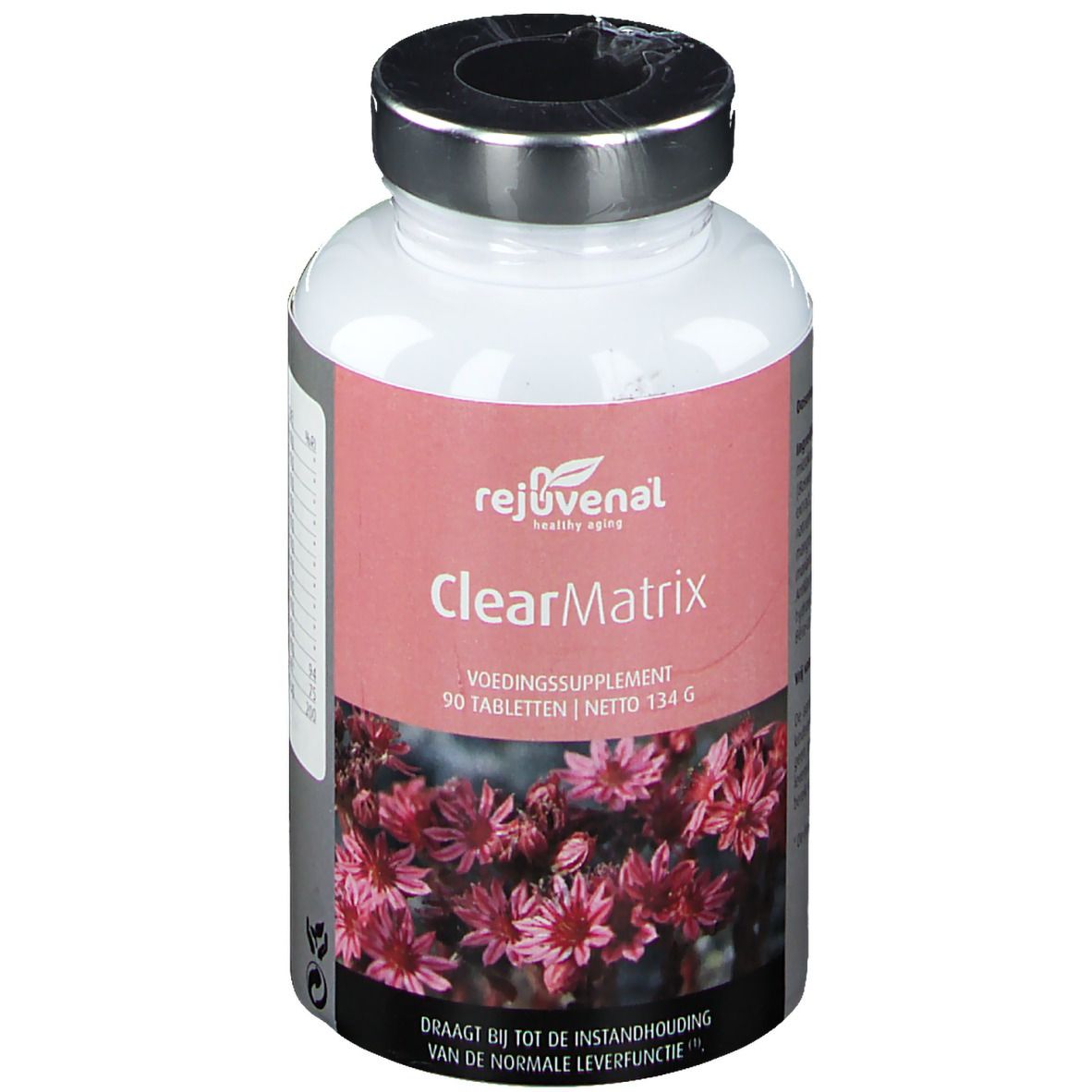 Flacon blanc avec couvercle argenté. Étiquette avec nom du produit ClearMatrix et motif floral. 90 comprimés.