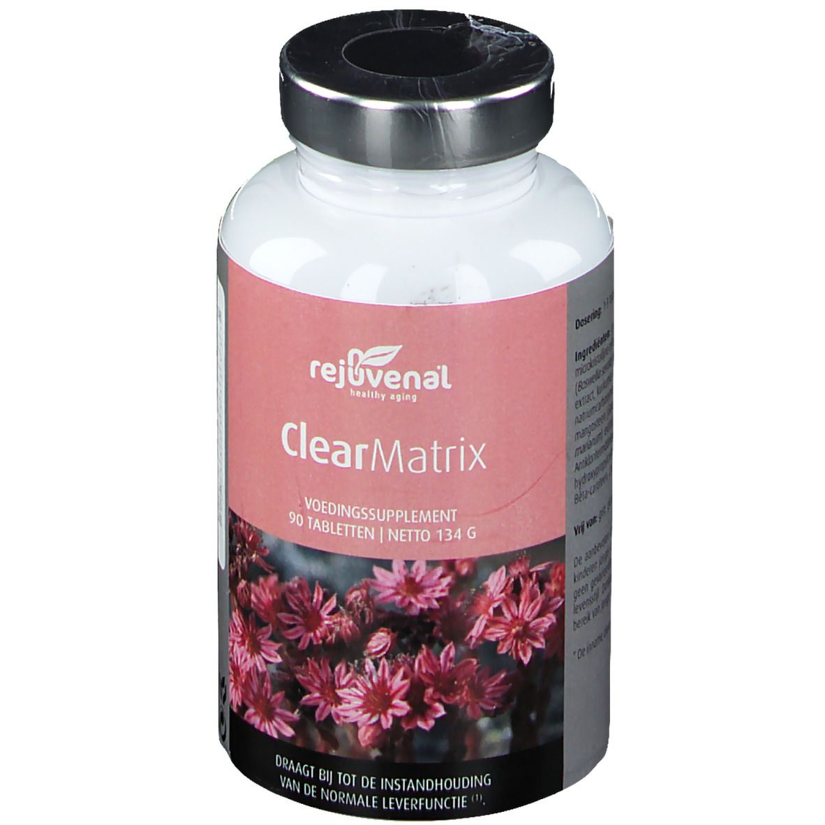 Flacon blanc avec couvercle argenté. Étiquette avec nom du produit ClearMatrix et motif floral. 90 comprimés.