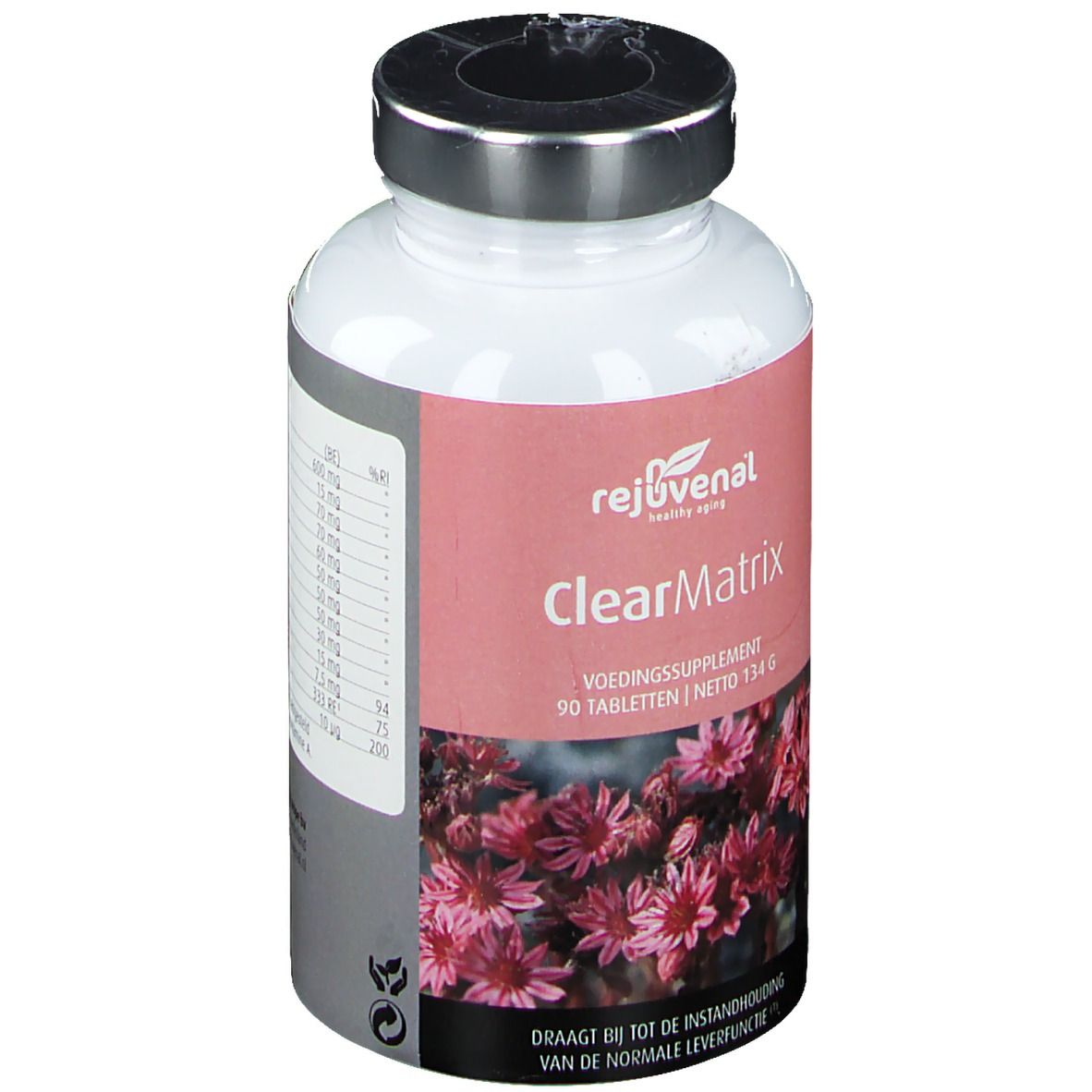 Flacon blanc avec couvercle argenté. Étiquette avec nom du produit ClearMatrix et motif floral. 90 comprimés.