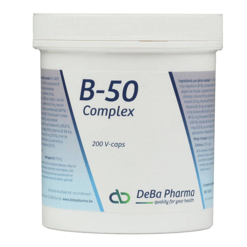 Witte pot met deksel. Opschrift: B-50 Complex, 200 V-caps. Merk: DeBa Pharma.