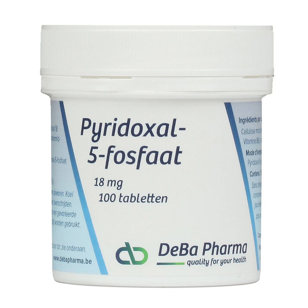 Witte pot met blauw etiket. Opschrift: Pyridoxal-5-fosfaat 18 mg, 100 tabletten. Logo: DeBa Pharma.