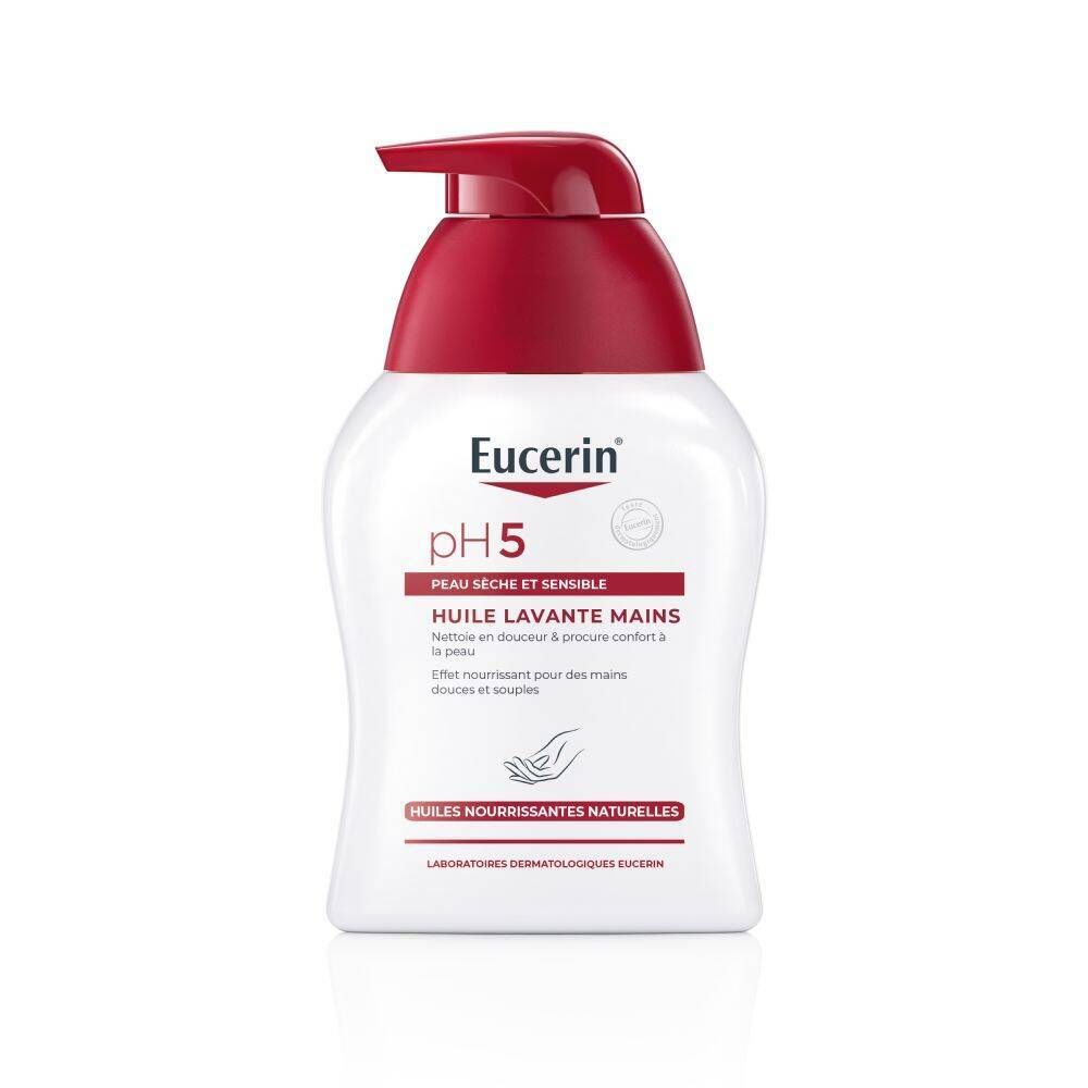 Flacon blanc avec pompe rouge. Eucerin pH5 Huile Lavante Mains. Pour peaux sèches et sensibles.
