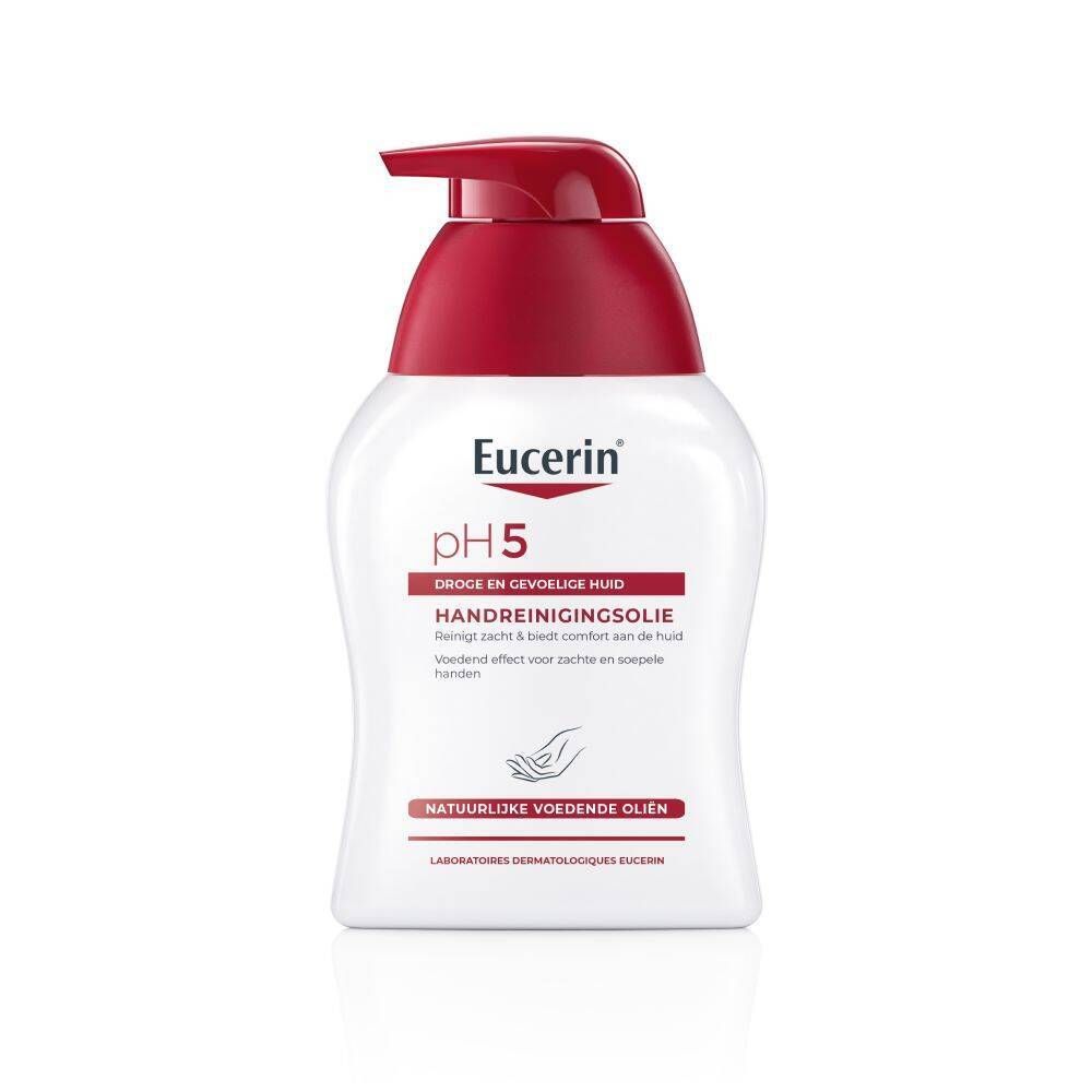 Witte fles met rode pomp. Eucerin pH5 Handreinigingsolie. Voor droge en gevoelige huid.