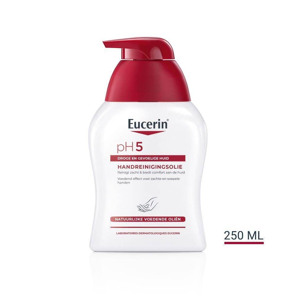 Witte fles met rode pomp. Eucerin pH5 Handreinigingsolie. 250 ml.